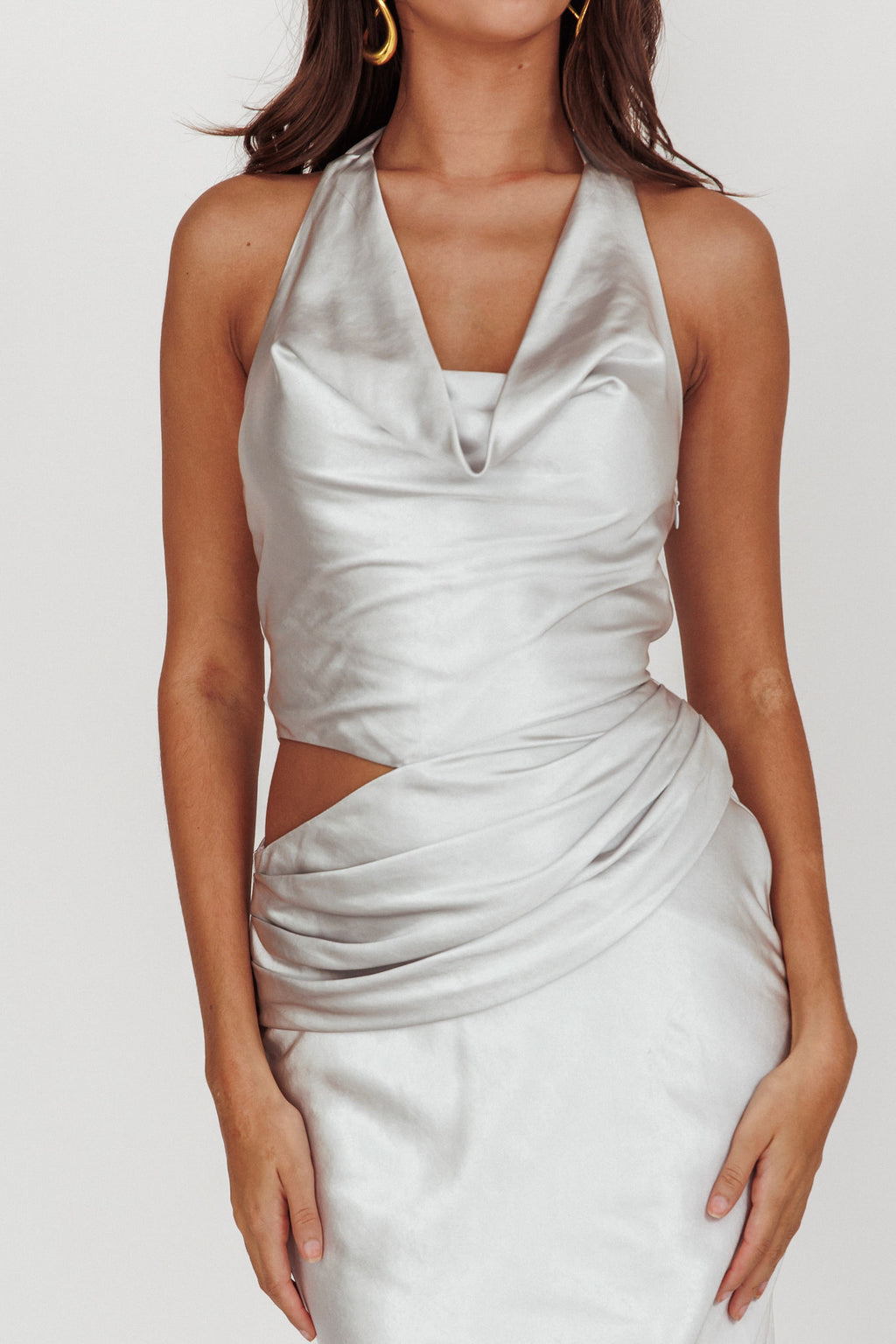 Cassiopeia Cowl Halter Neck Cut Out Maxi Dress Opal by Selfie Leslie