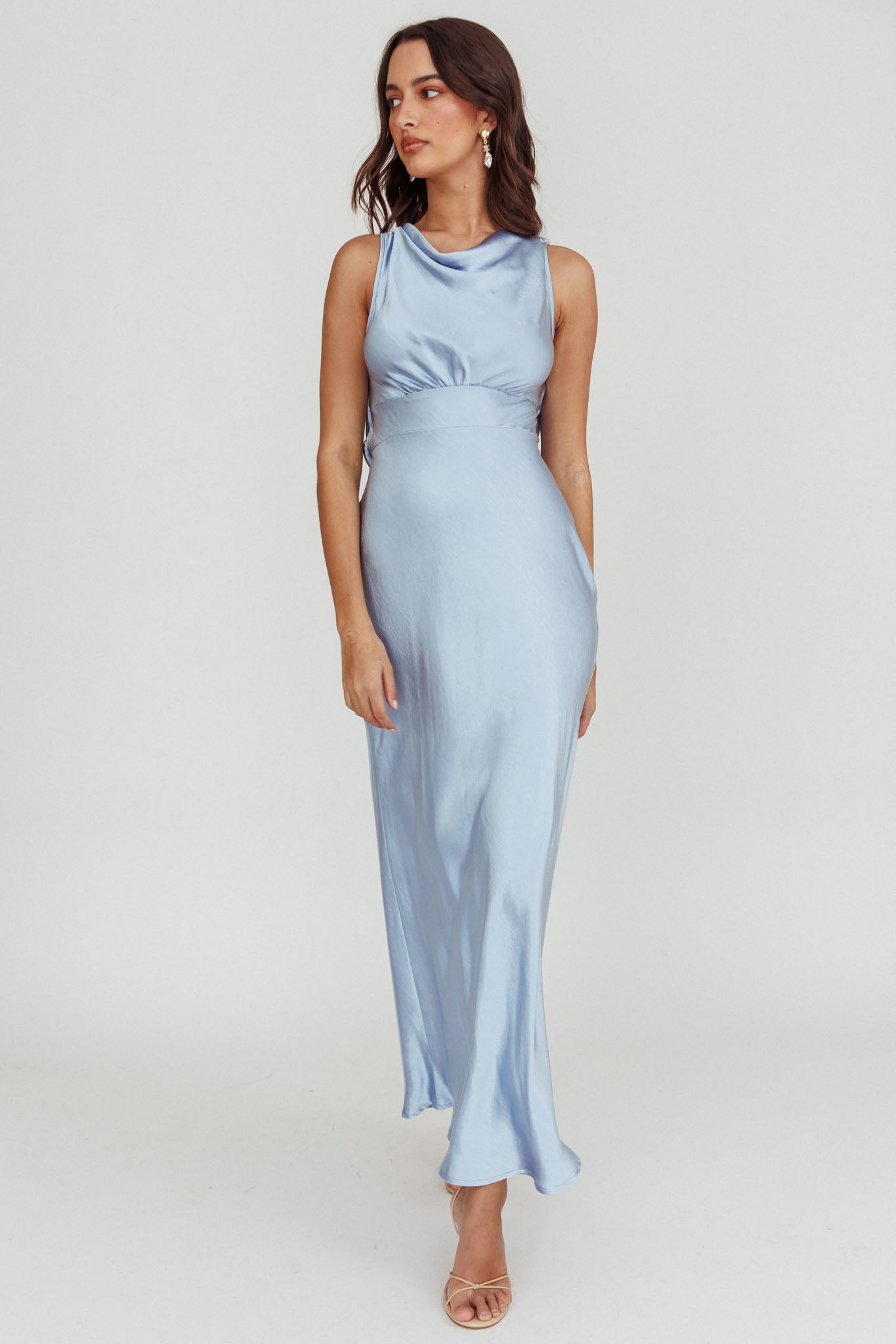 Isabella Satin Backless Maxi Dress Ocean Selfie Leslie