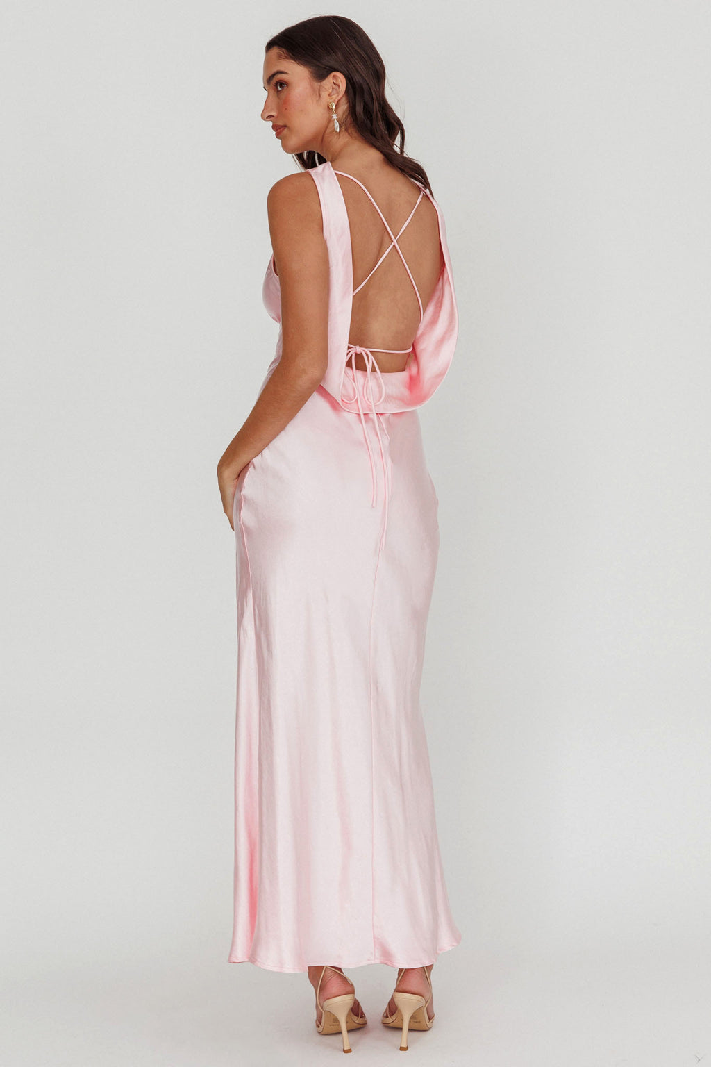 Isabella Satin Backless Maxi Dress Pink by Selfie Leslie