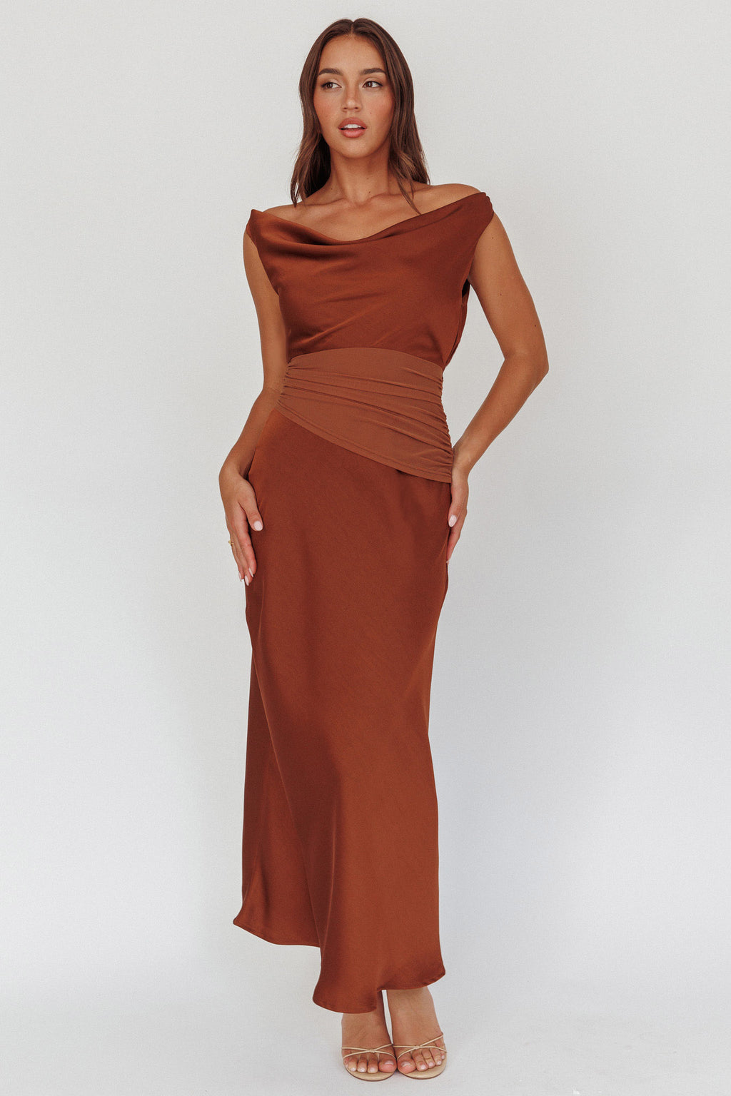 Isabella Open Cowl Back Maxi Dress Cocoa by Selfie Leslie
