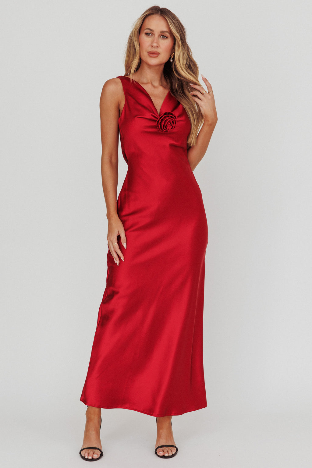 Isabella Satin Backless Maxi Dress Wine by Selfie Leslie