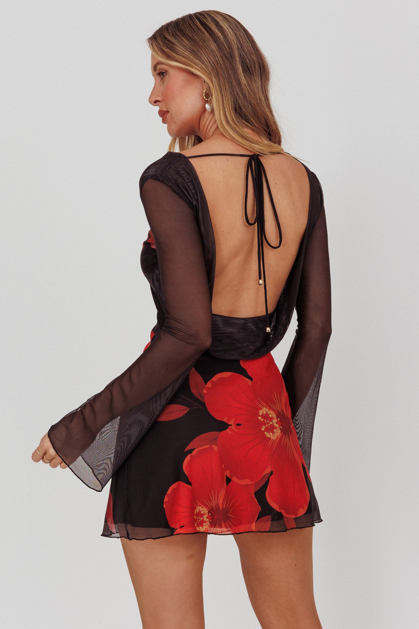 Isabella Long Sleeve Backless Mini Dress Hibiscus Black Isabella Long Sleeve Backless Mini Dress Hibiscus Black