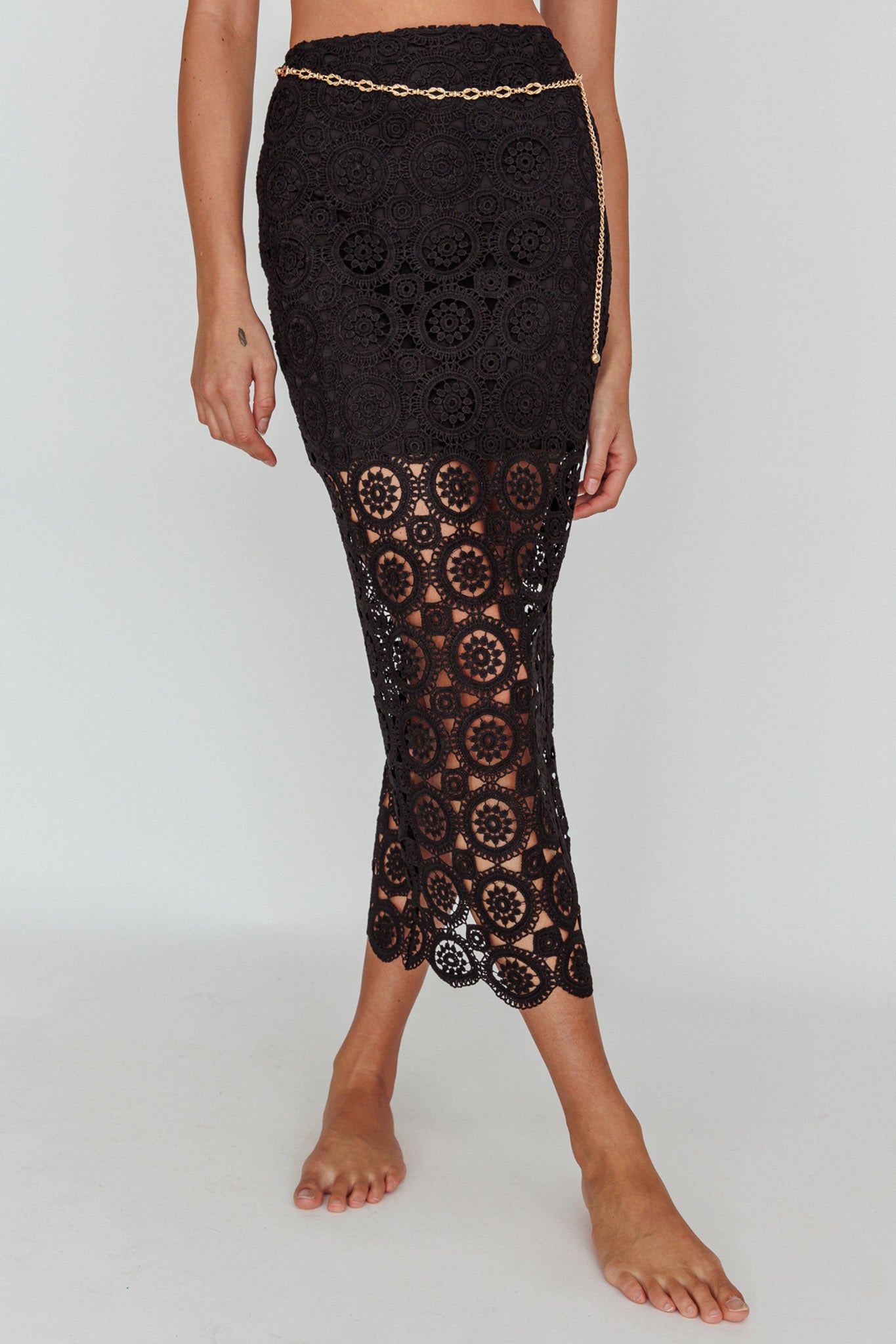 Milano Crochet Lace Midi Skirt Black by Selfie Leslie