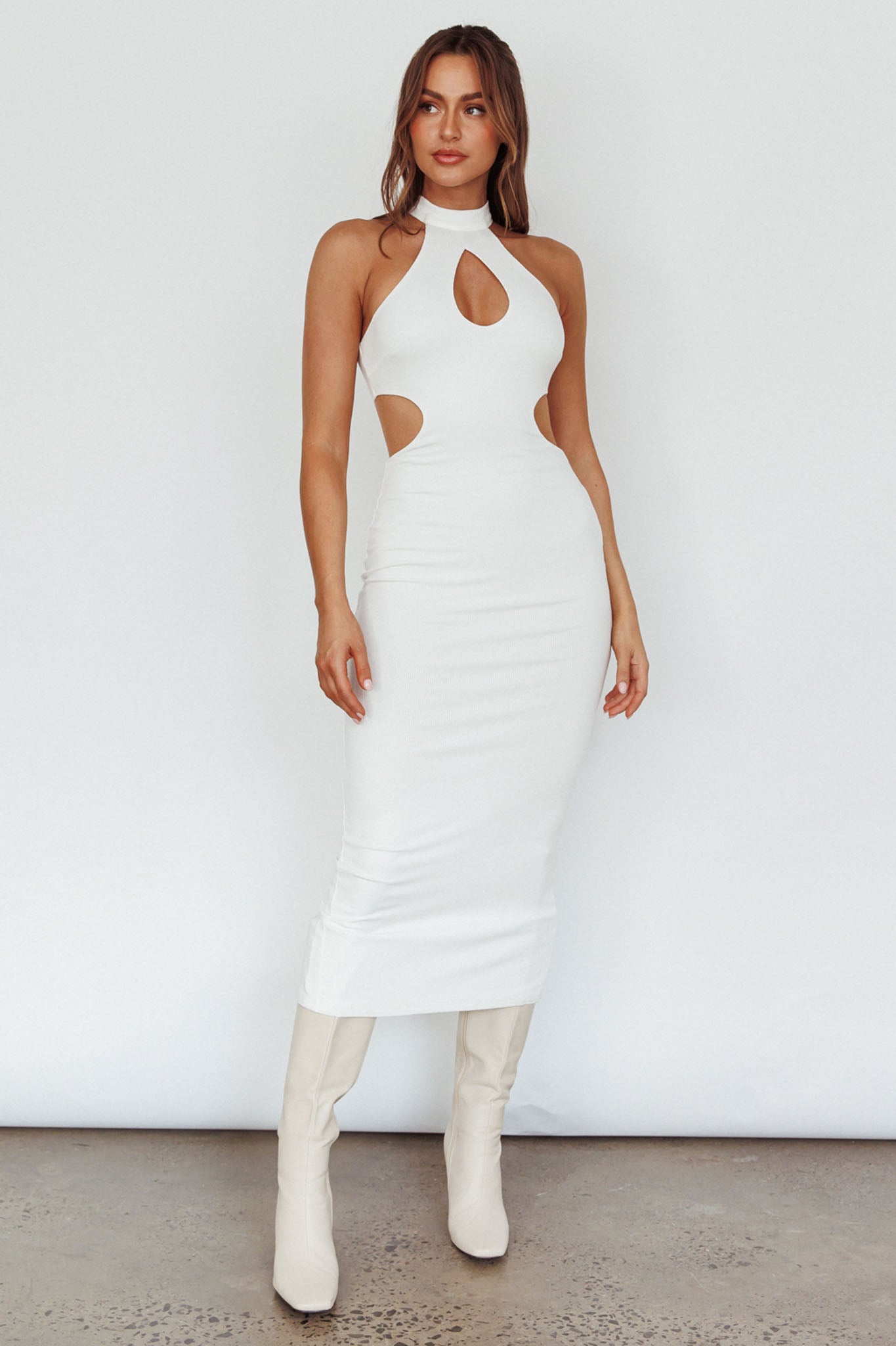 Estella Keyhole Ribbed Midi Dress White Estella Keyhole Ribbed Midi Dress White