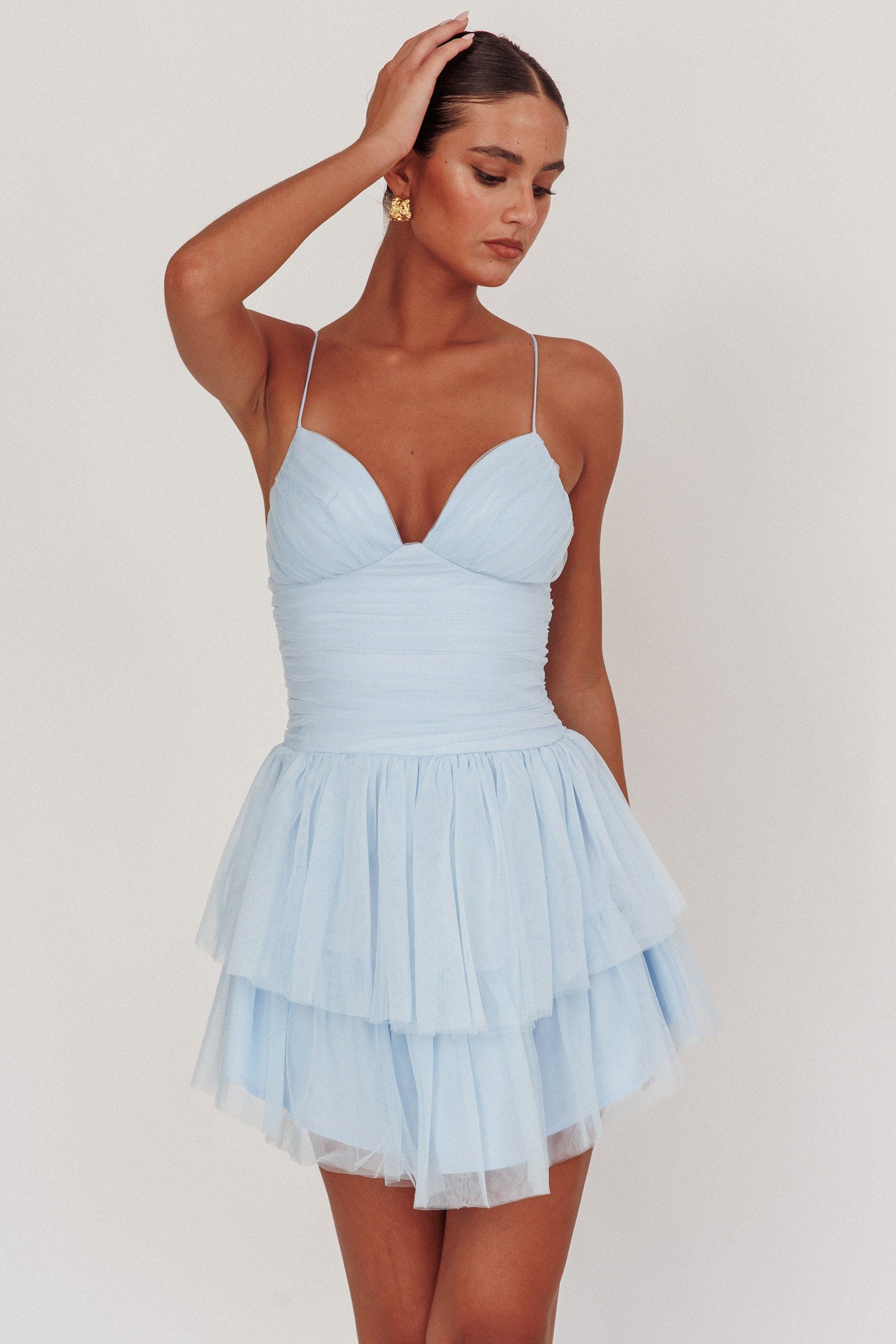 pastel blue mini dress Lace Detailing Ruched Mesh cut finish for a refined look Plunging neckline creates a bold statement for evening wear Command attention in this architectural drape front mini dress that blends tailored precision with contemporary design boohoo Women's Cowl Sequin Backless