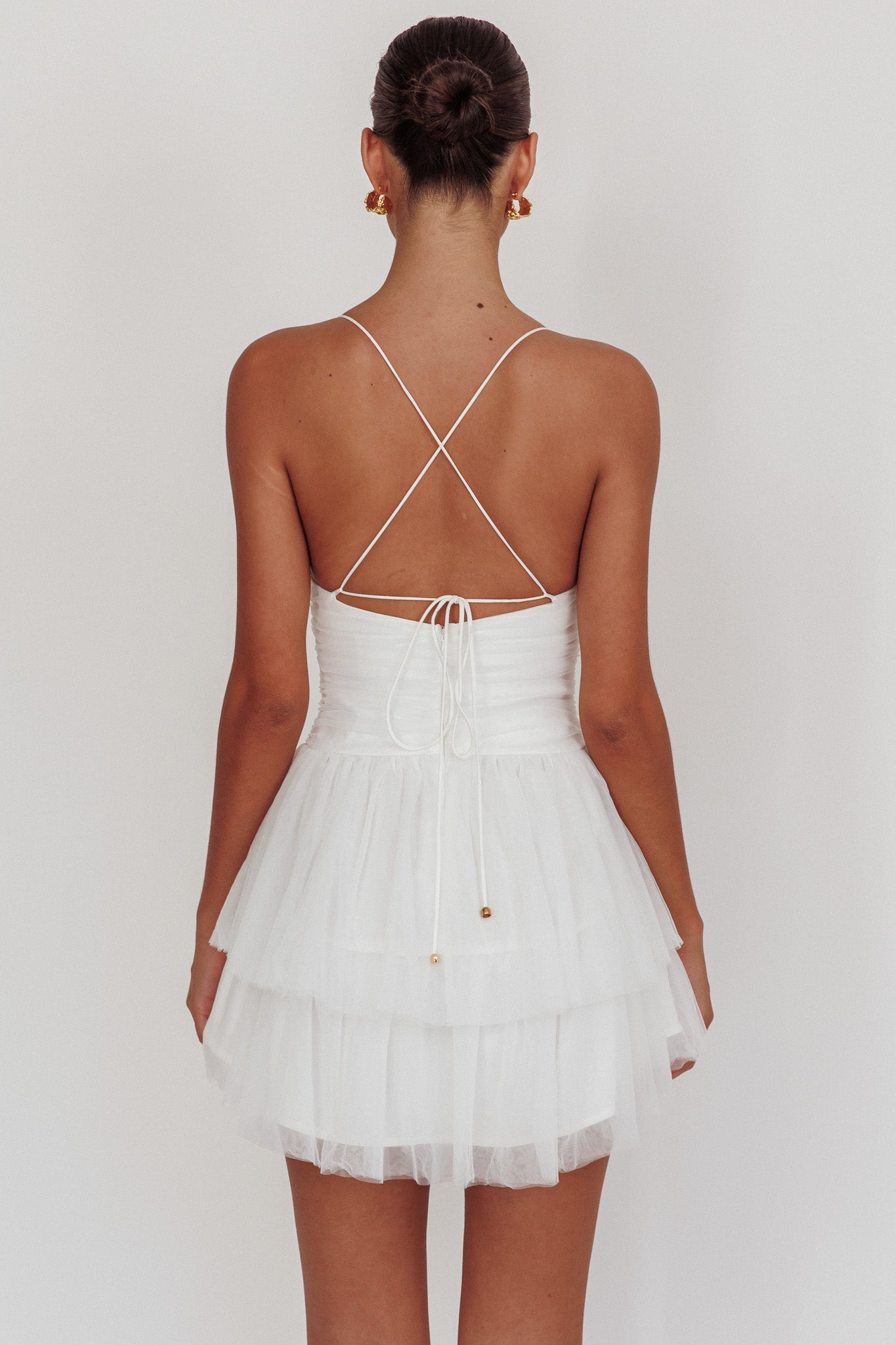 Nightingale Ruched Mesh Mini Dress White Nightingale Ruched Mesh Mini Dress White