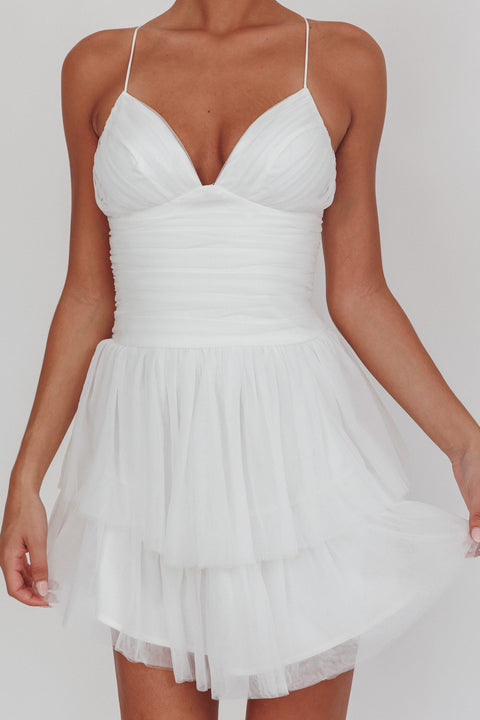 Nightingale Ruched Mesh Mini Dress White - S Nightingale Ruched Mesh Mini Dress White - S