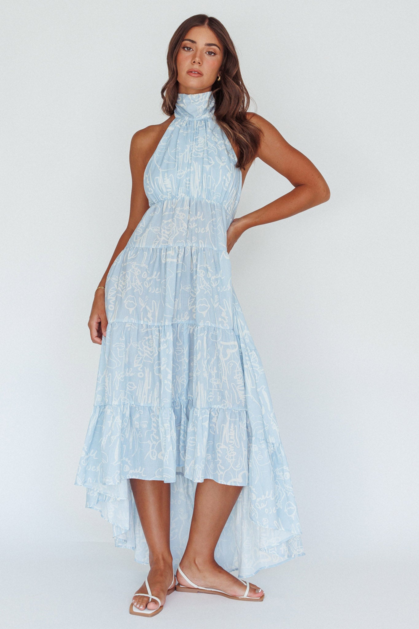 South Haven Halter Midi Dress Floral Blue Selfie Leslie