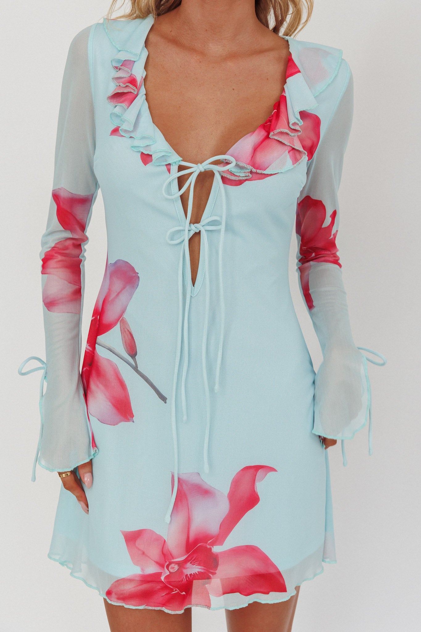Sea Dreaming Ruffle Trim Mini Dress Floral Blue by Selfie Leslie