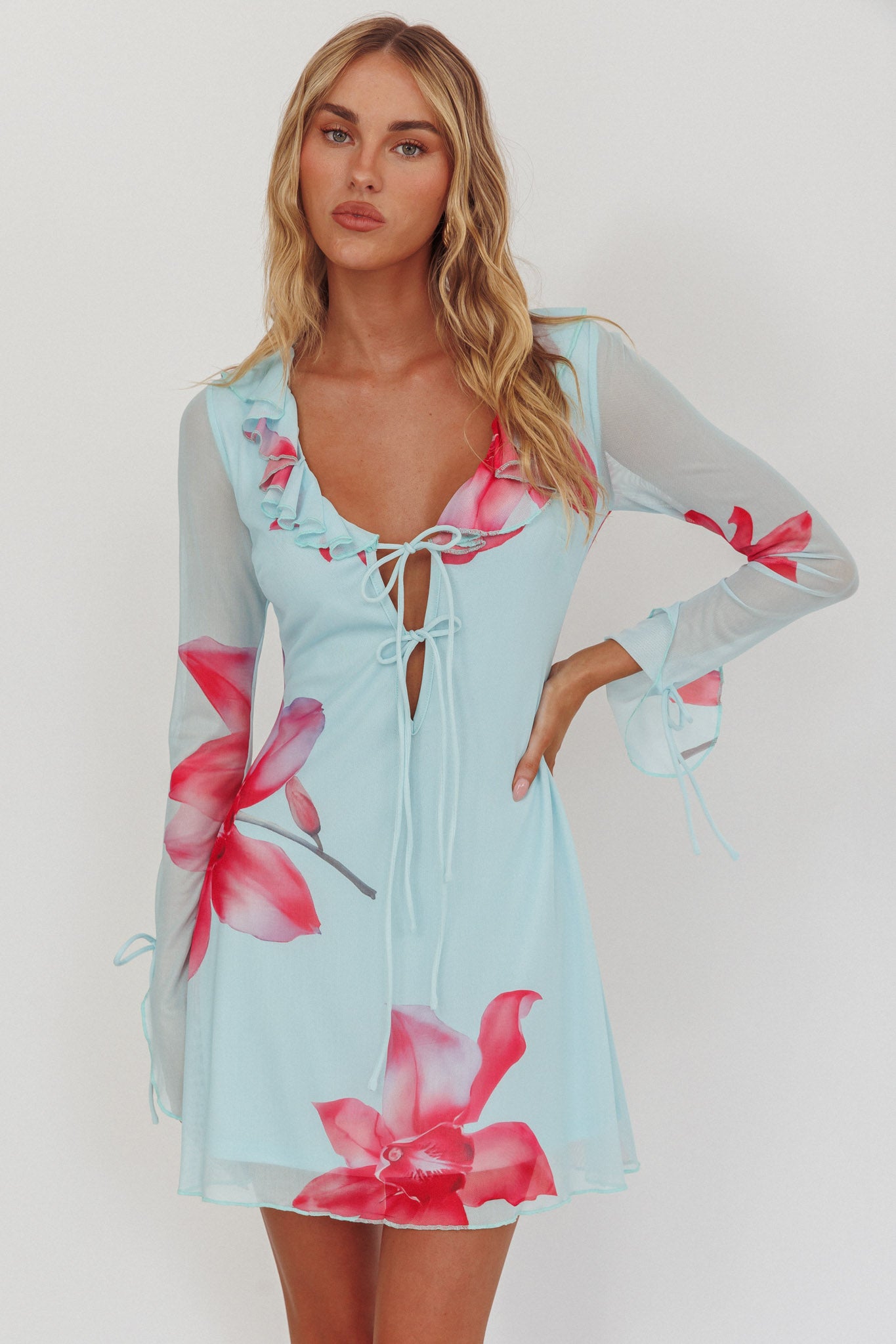 Sea Dreaming Ruffle Trim Mini Dress Floral Blue by Selfie Leslie