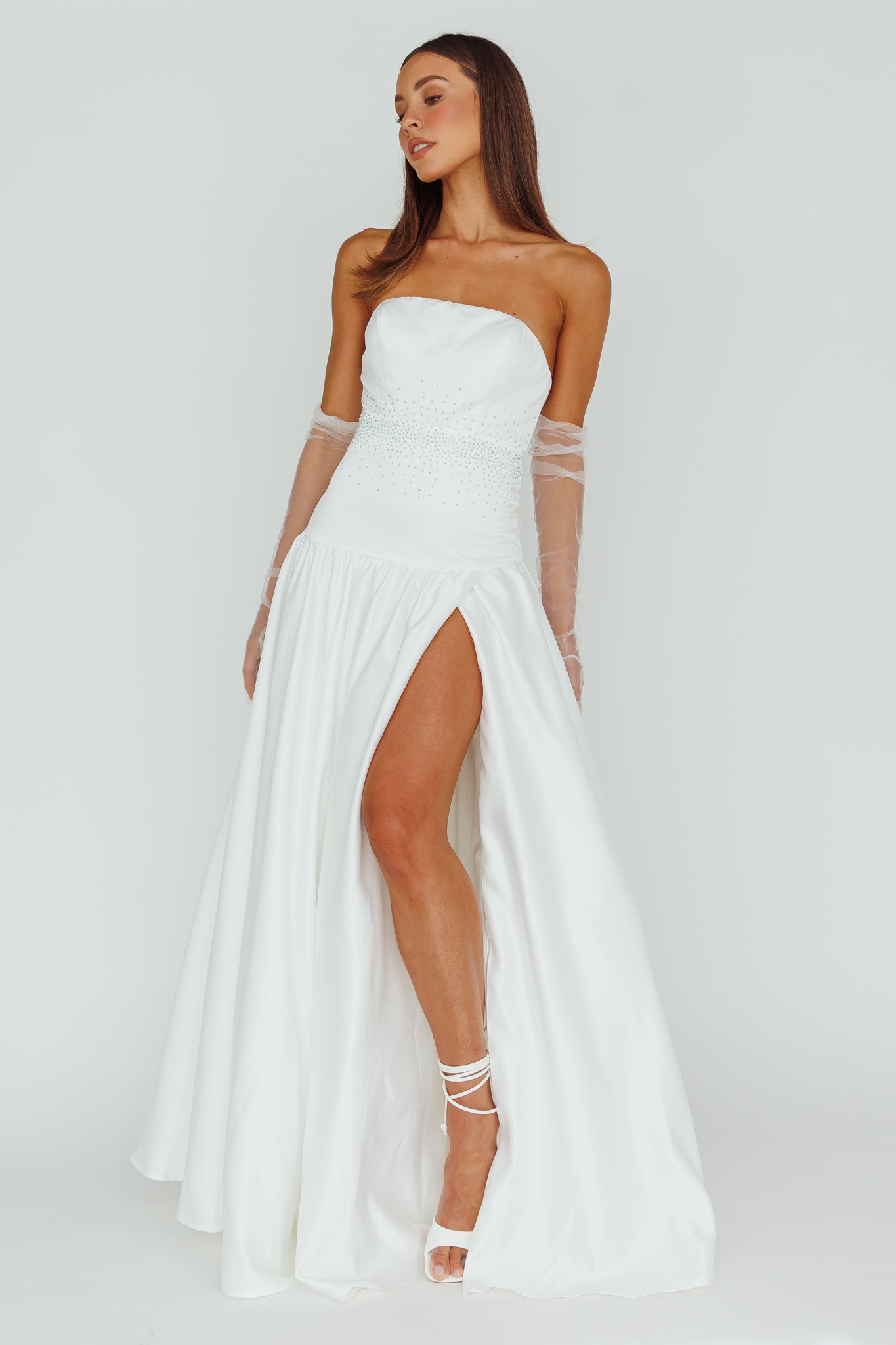 Shop the Verily Diamante Drop Waist Maxi Dress White