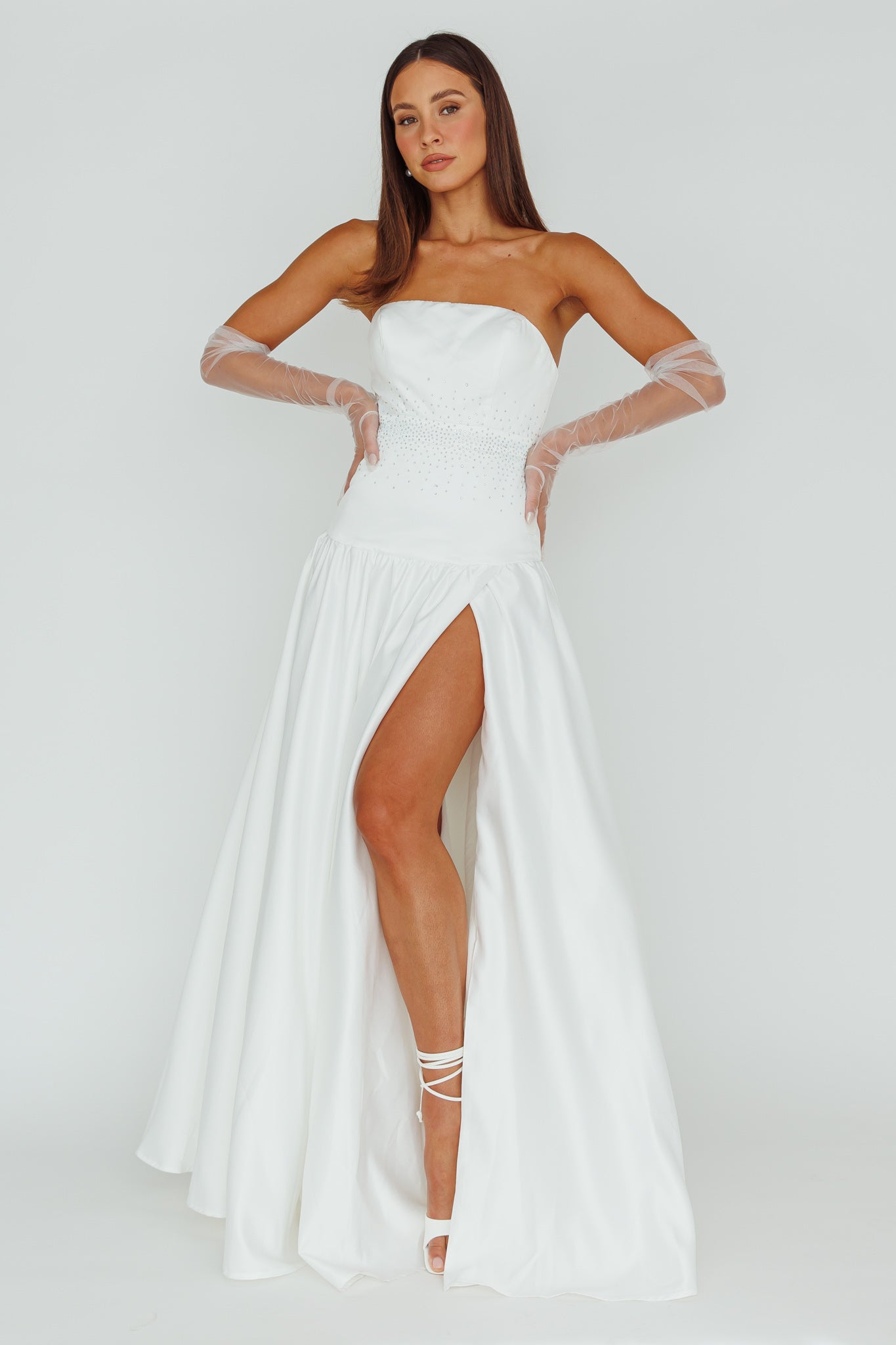 Verily Diamante Drop Waist Maxi Dress White– Selfie Leslie