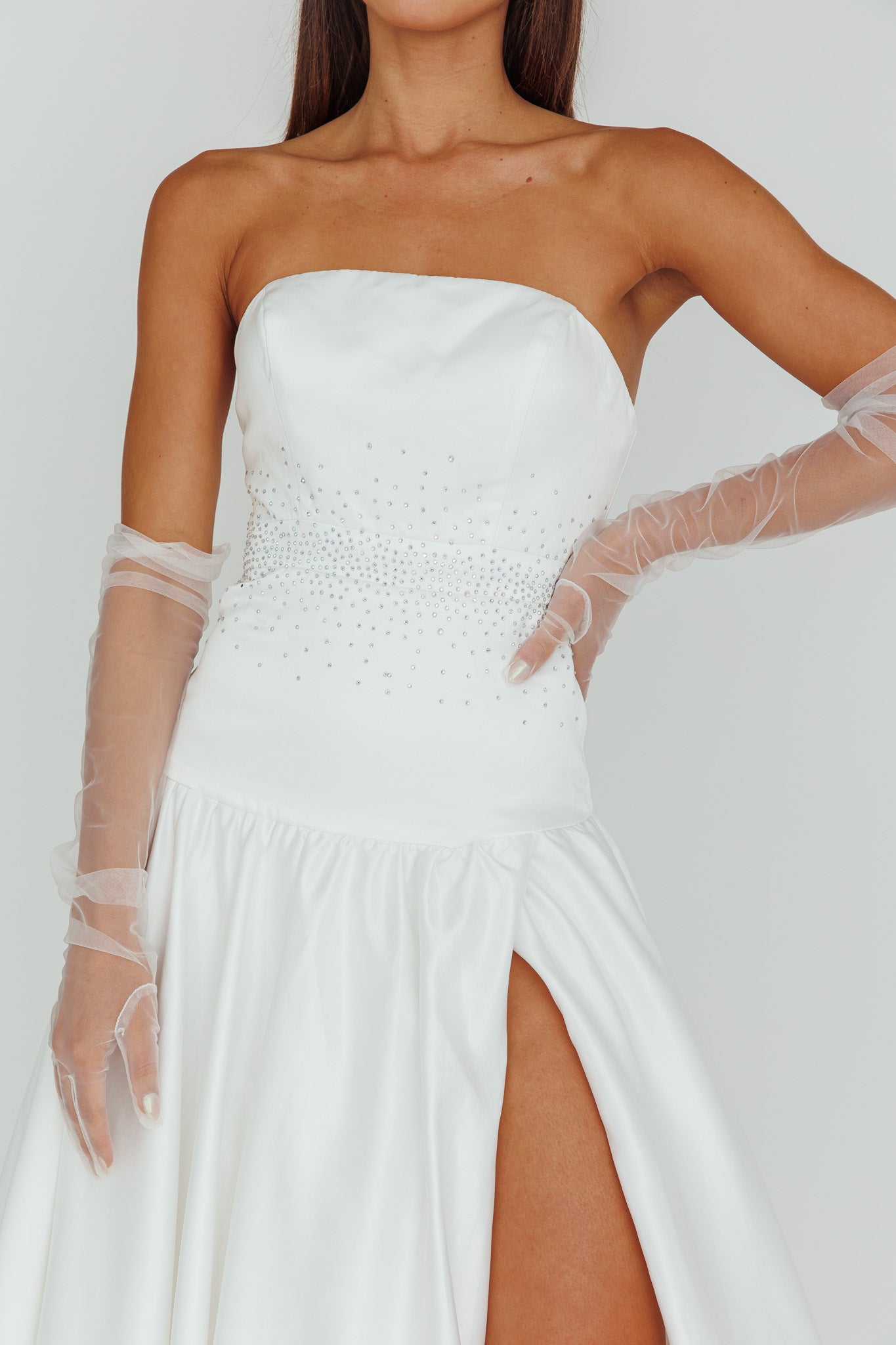 Verily Diamante Drop Waist Maxi Dress White by Selfie Leslie