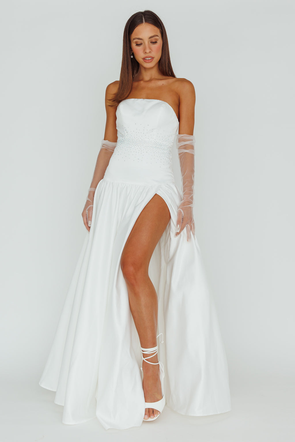 Verily Diamante Drop Waist Maxi Dress White by Selfie Leslie