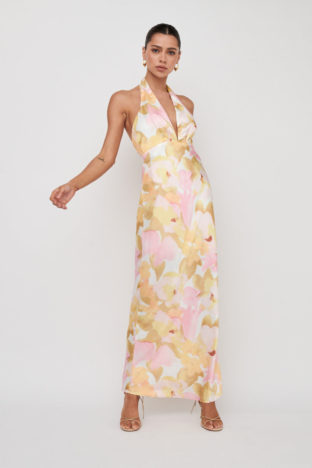 Of Your Dreams Plunging Halter Dress Floral Pink by Selfie Leslie