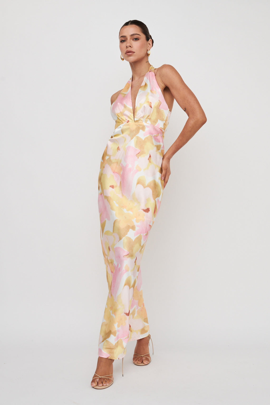 Of Your Dreams Plunging Halter Dress Floral Pink by Selfie Leslie