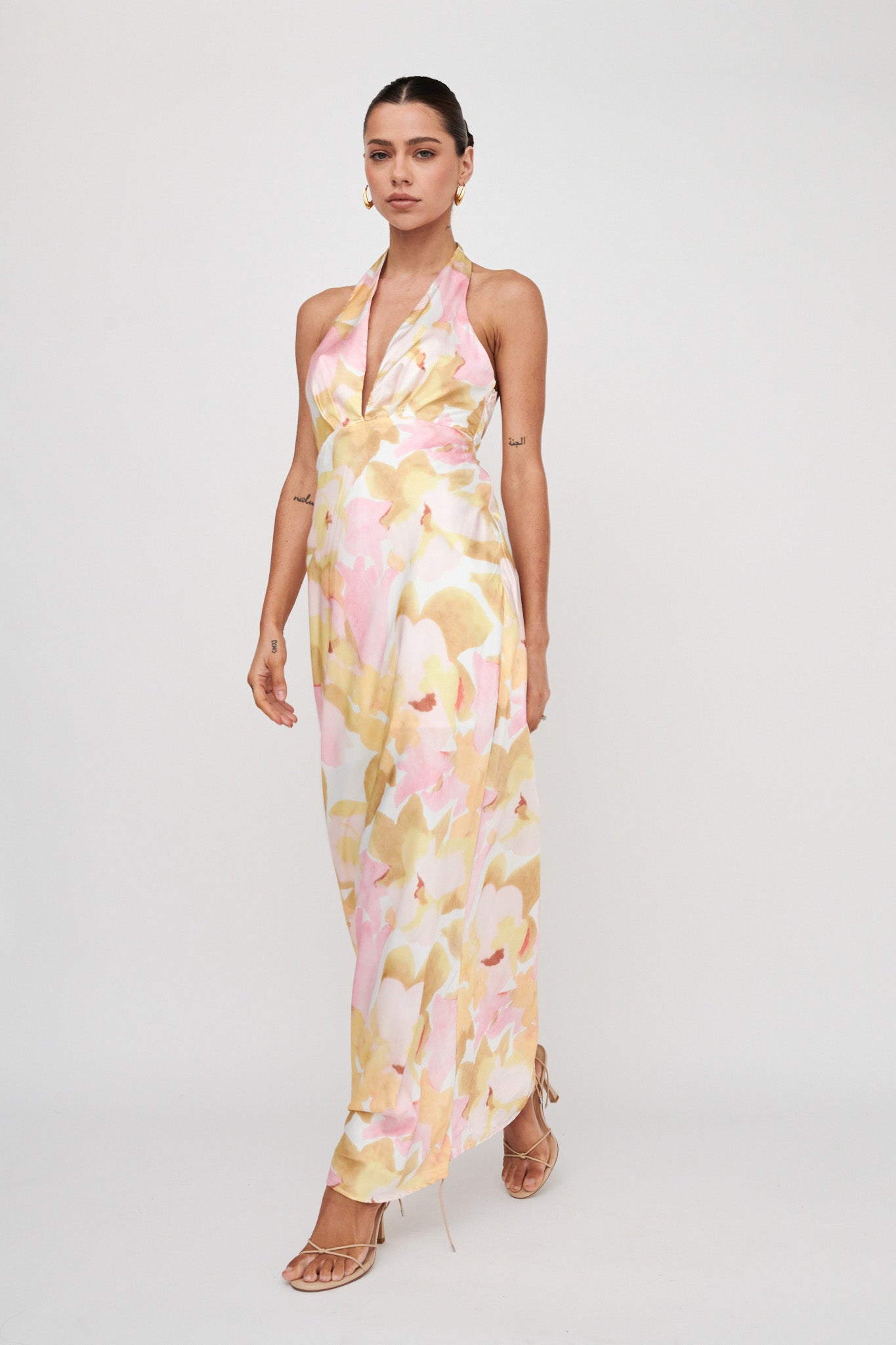 Of Your Dreams Plunging Halter Dress Floral Pink by Selfie Leslie