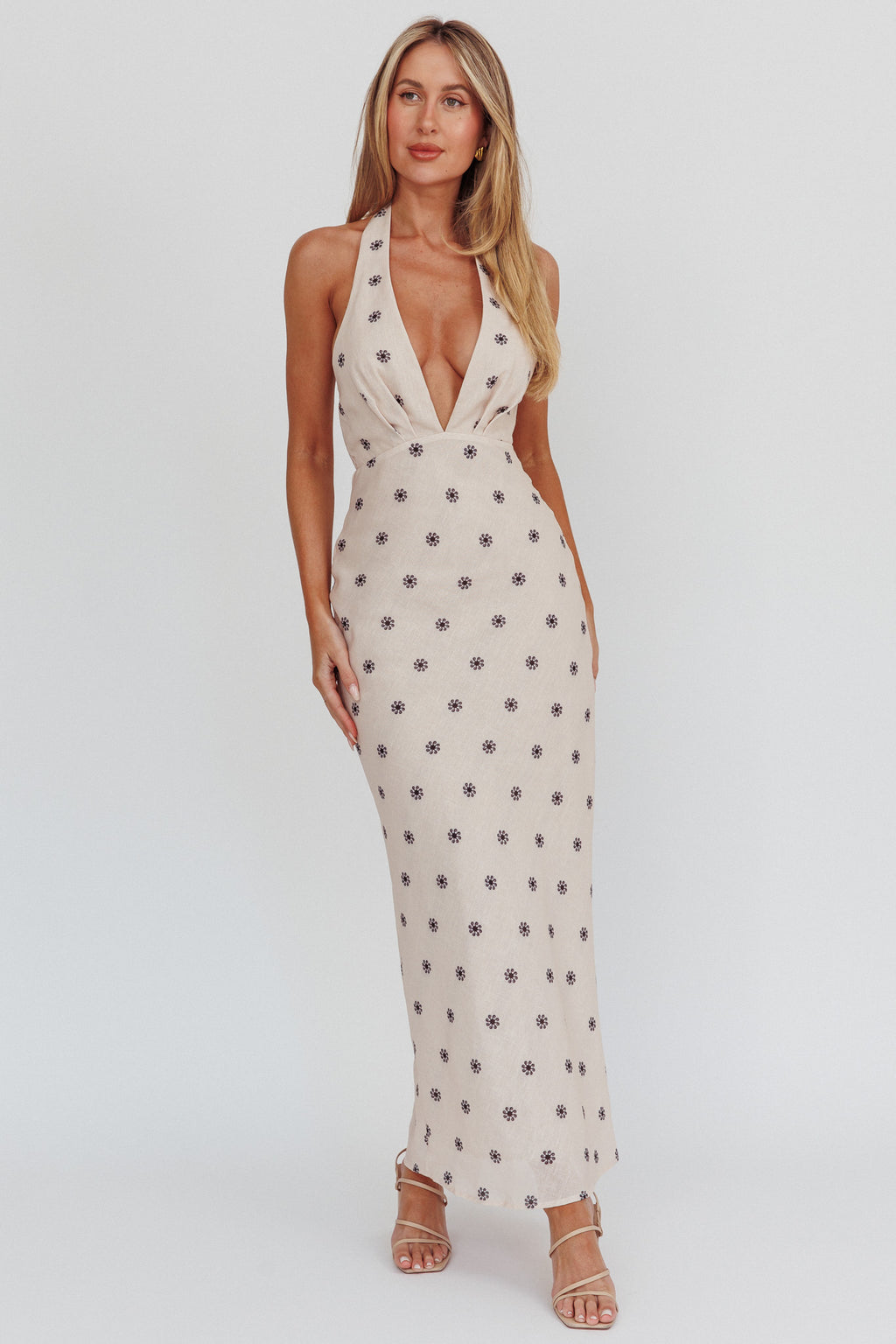 Of Your Dreams Plunging Halter Dress Oat by Selfie Leslie
