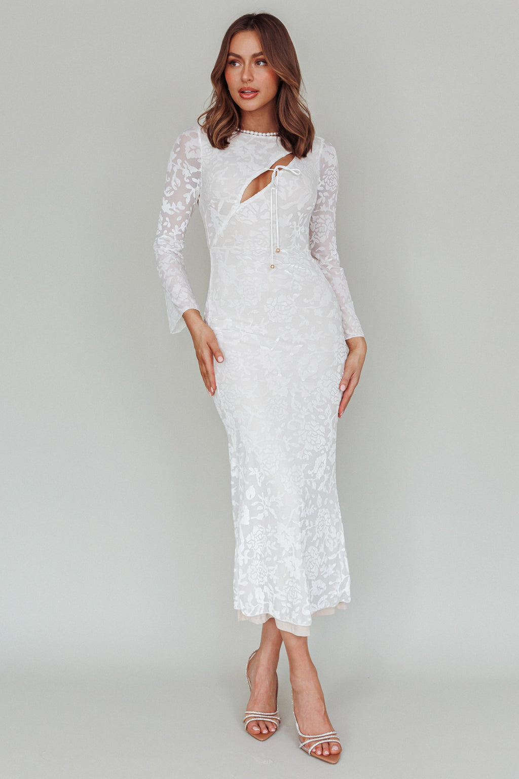 Novalie Long Sleeve Velvet Print Midi Dress White by Selfie Leslie
