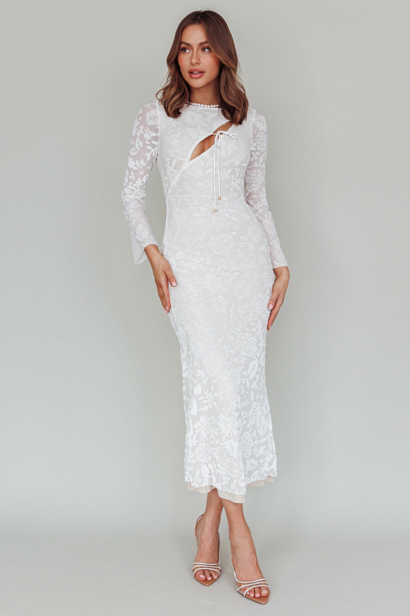 Novalie Long Sleeve Velvet Print Midi Dress White by Selfie Leslie