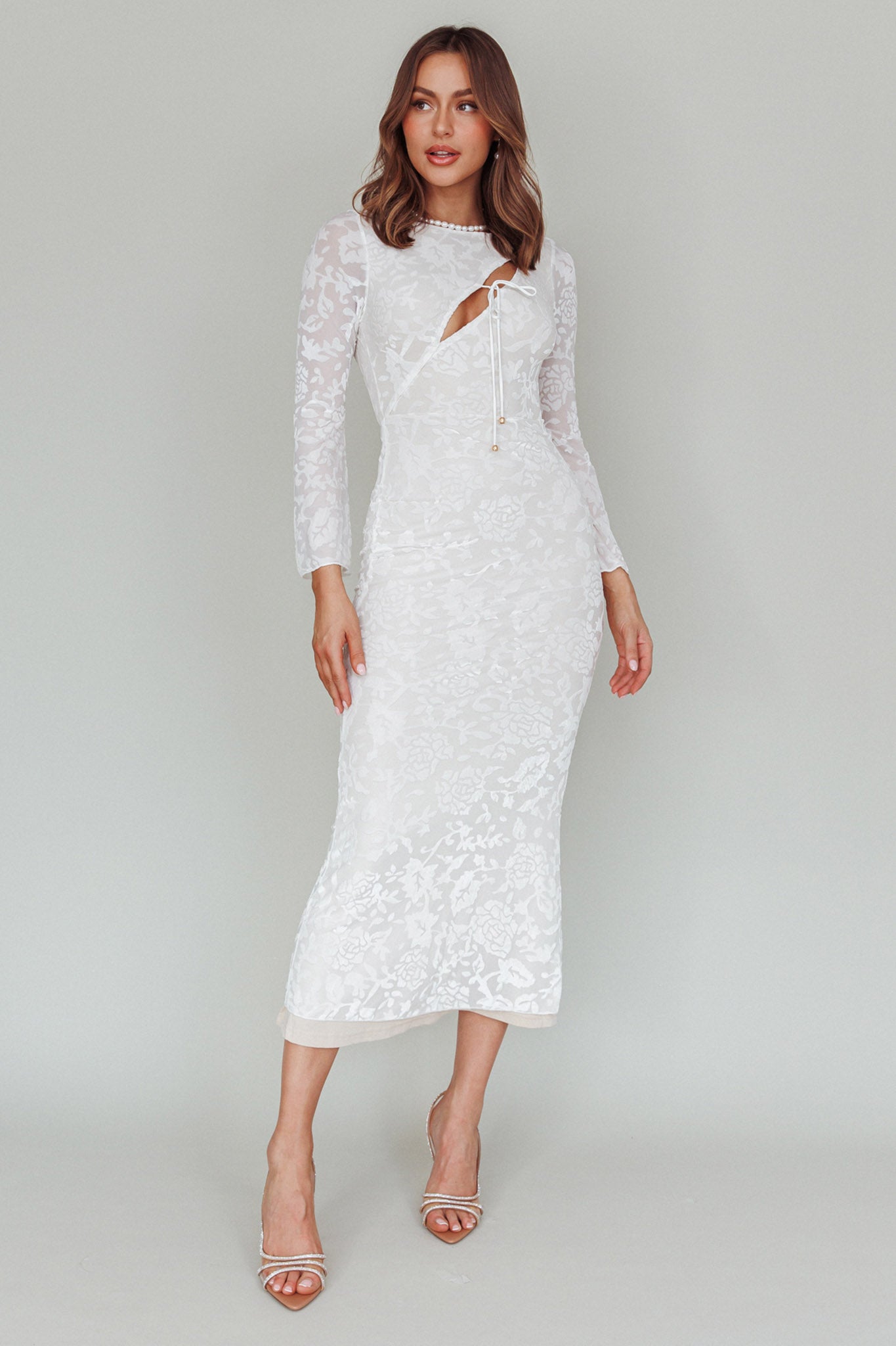 Novalie Long Sleeve Velvet Print Midi Dress White by Selfie Leslie