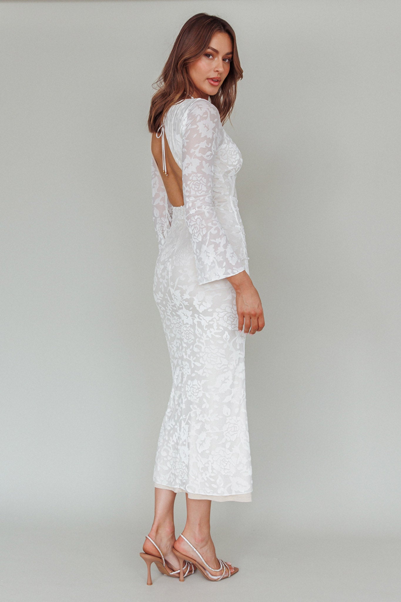 Novalie Long Sleeve Velvet Print Midi Dress White by Selfie Leslie