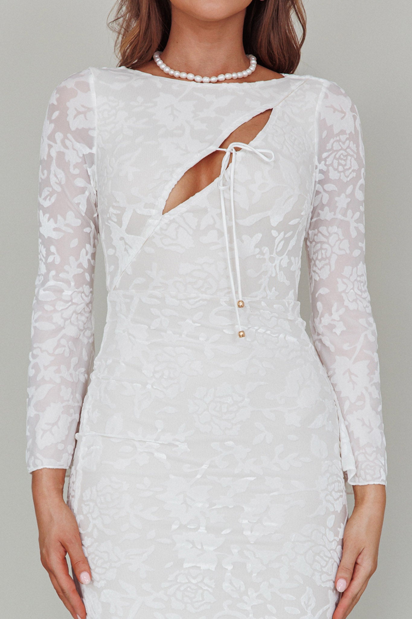 Novalie Long Sleeve Velvet Print Midi Dress White by Selfie Leslie