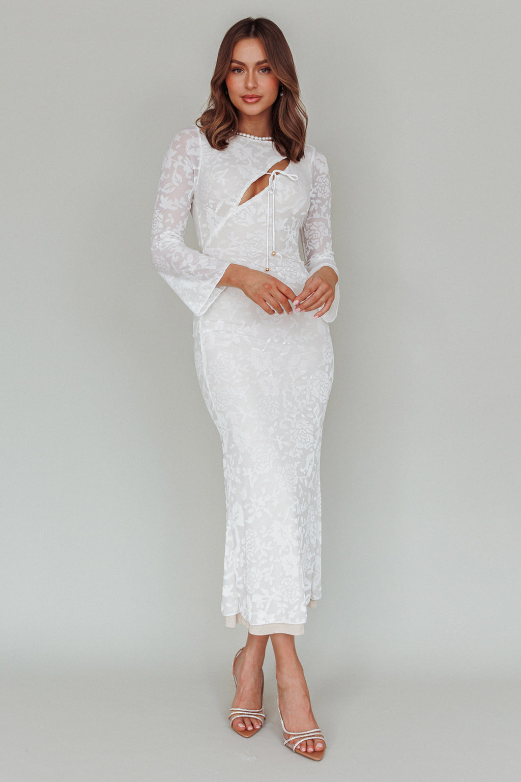 Novalie Long Sleeve Velvet Print Midi Dress White by Selfie Leslie