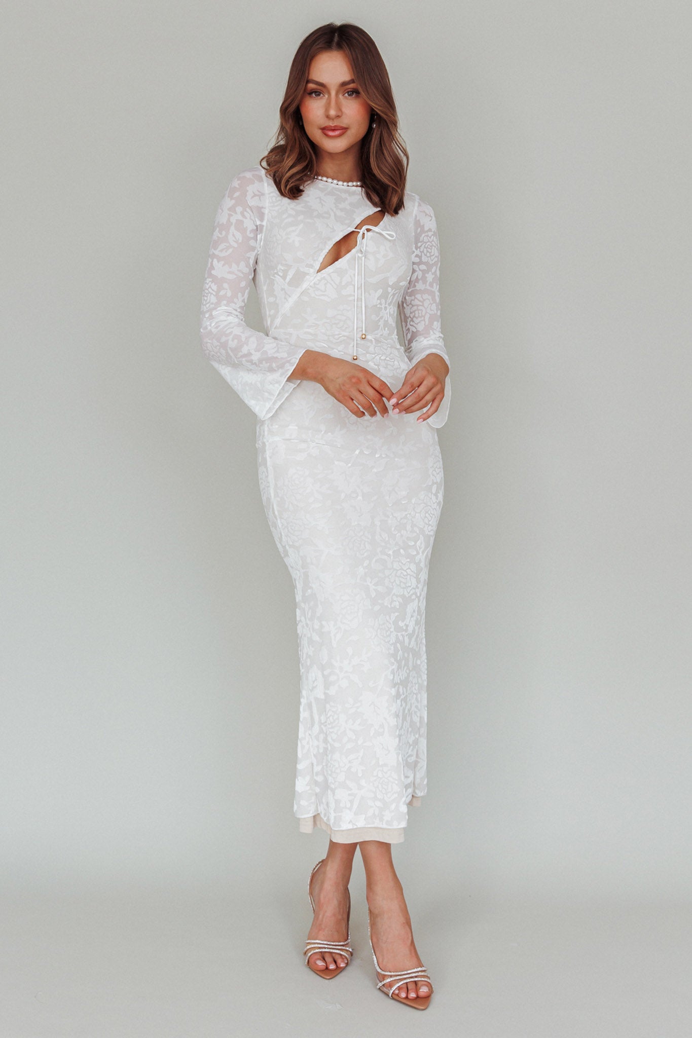 Novalie Long Sleeve Velvet Print Midi Dress White by Selfie Leslie