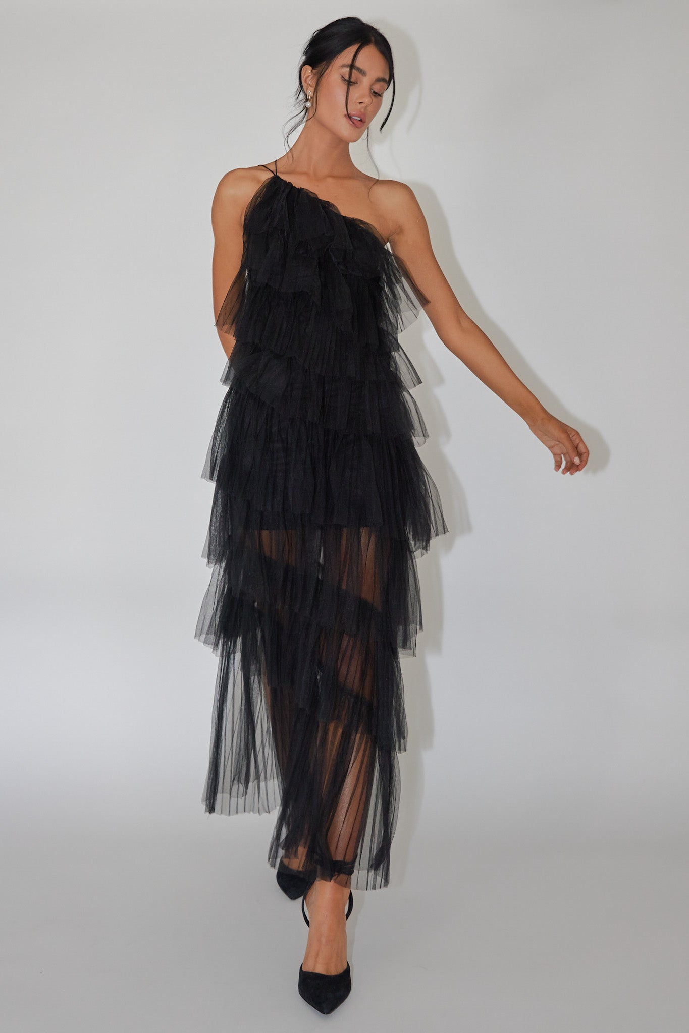 Shop the Arrabel Tiered Ruffle Tulle Midi Dress Black | Selfie Leslie