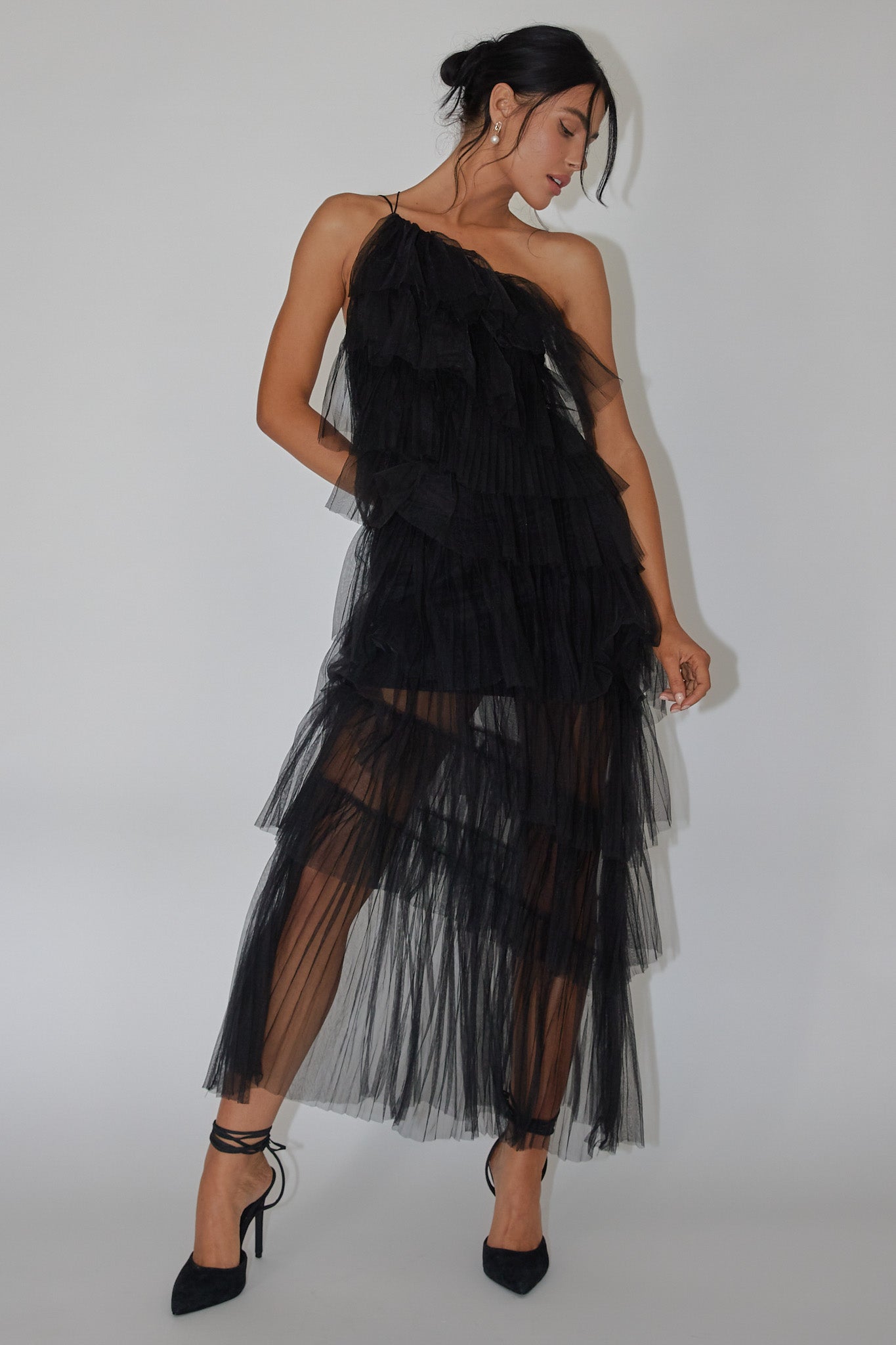 Arrabel Tiered Ruffle Tulle Maxi Dress Black S