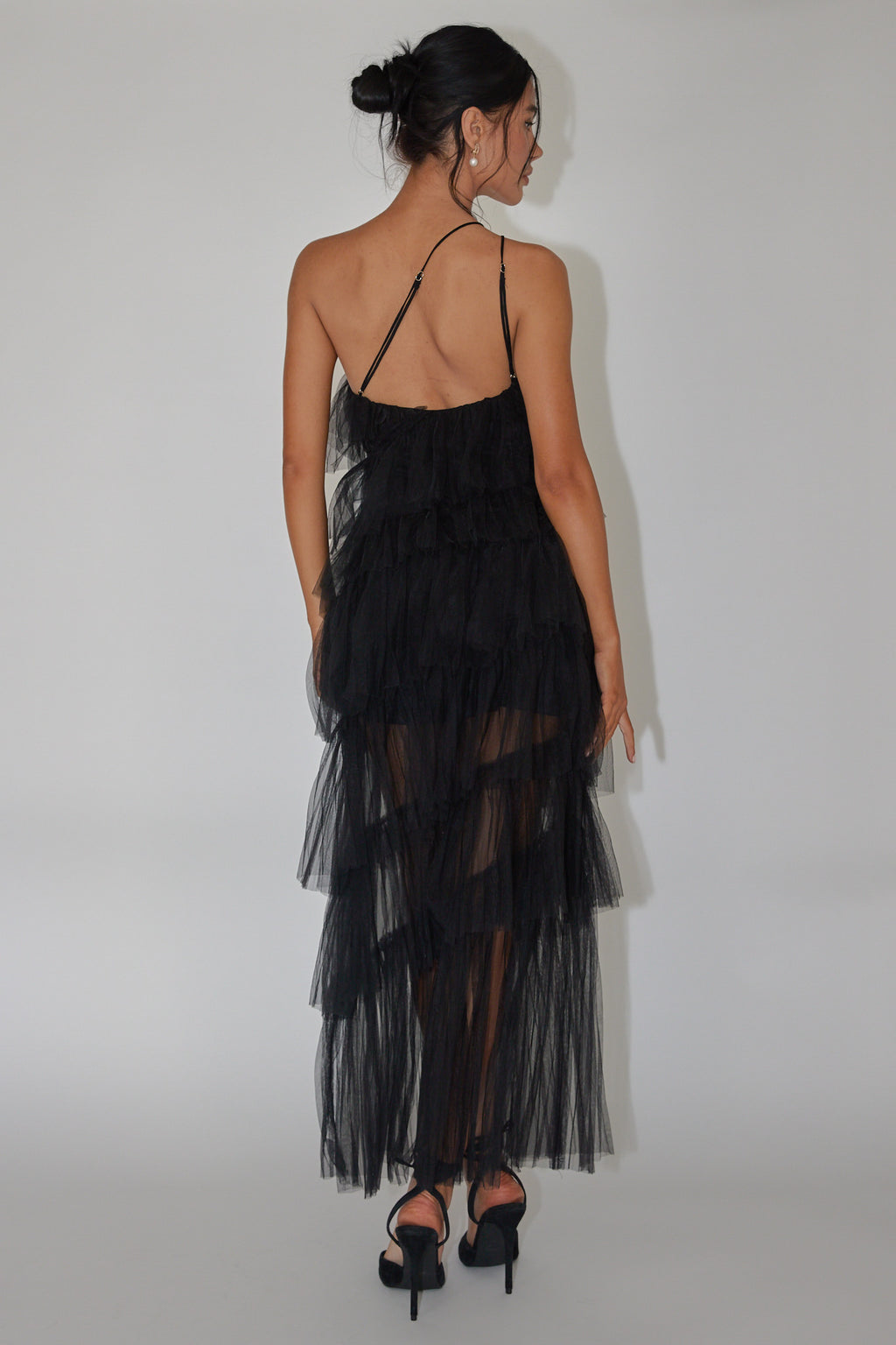 Arrabel Tiered Ruffle Tulle Midi Dress Black by Selfie Leslie