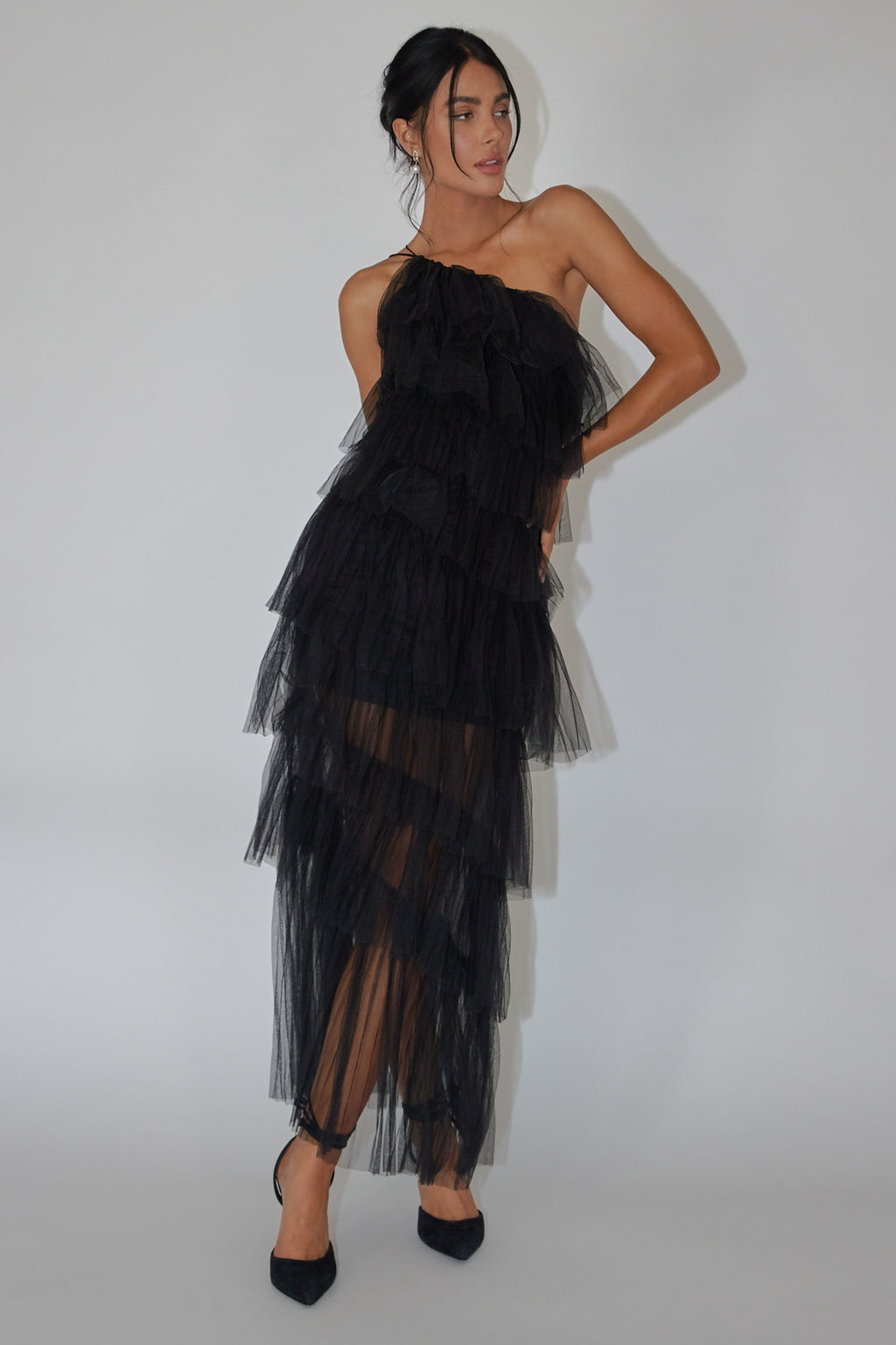 Arrabel Tiered Ruffle Tulle Midi Dress Black by Selfie Leslie