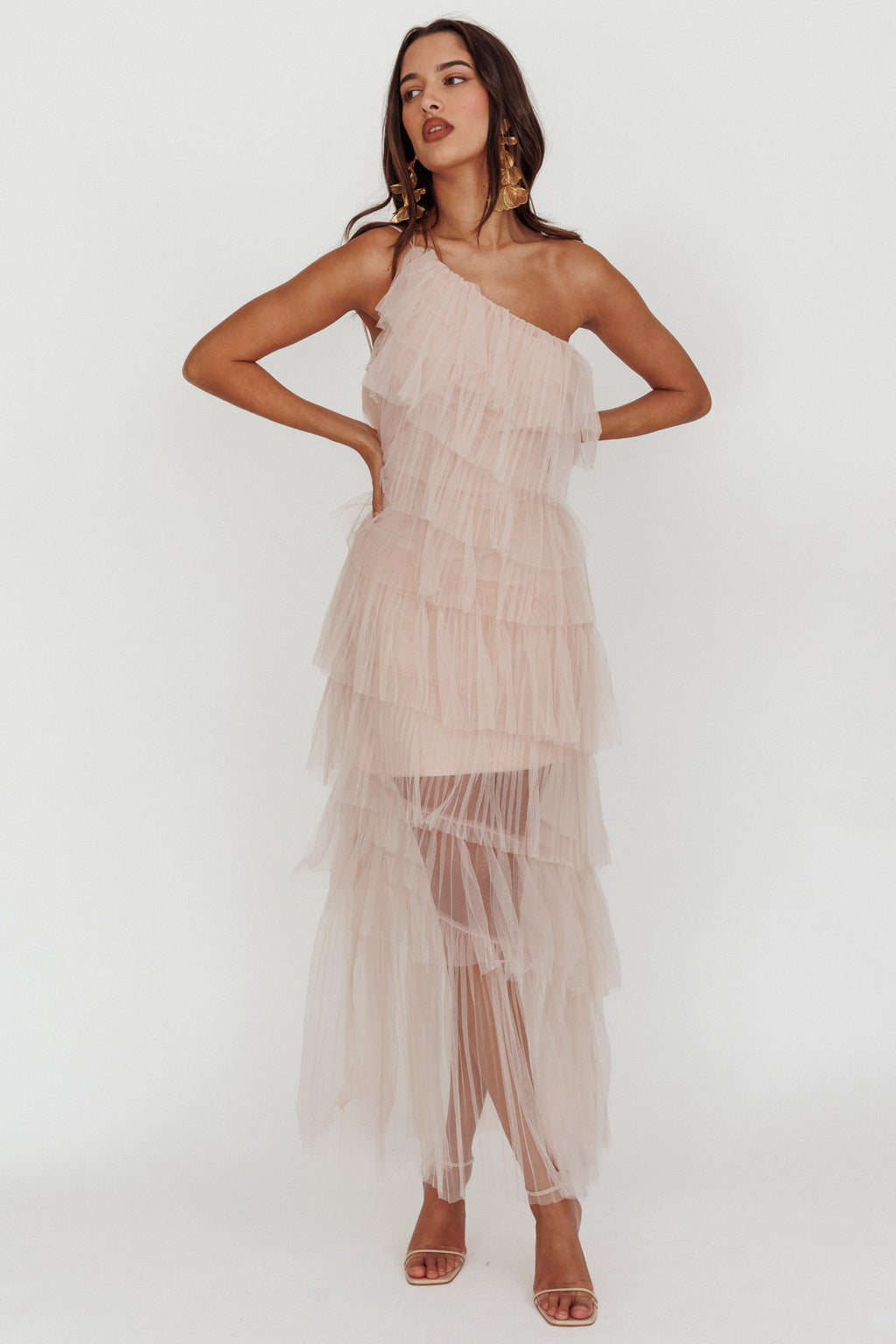 Arrabel Tiered Ruffle Tulle Maxi Dress Blush by Selfie Leslie
