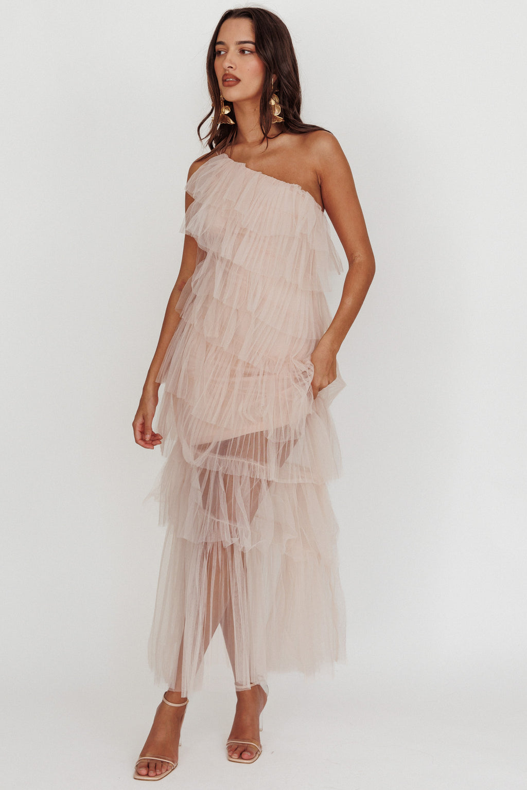 Arrabel Tiered Ruffle Tulle Maxi Dress Blush by Selfie Leslie