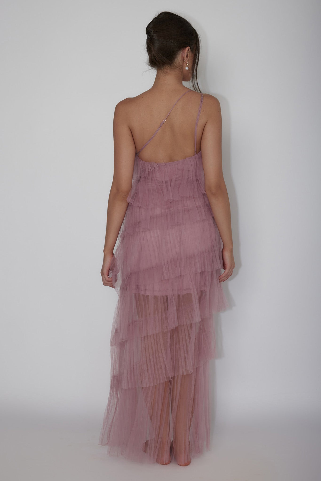 tulle ruffle bridesmaid dress Glitter Gray Tulle Off-shoulder Ruffle Bridesmaid Dress