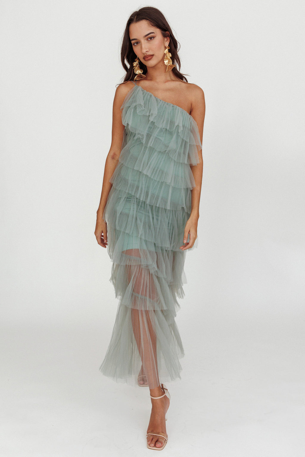 Arrabel Tiered Ruffle Tulle Maxi Dress Sage by Selfie Leslie