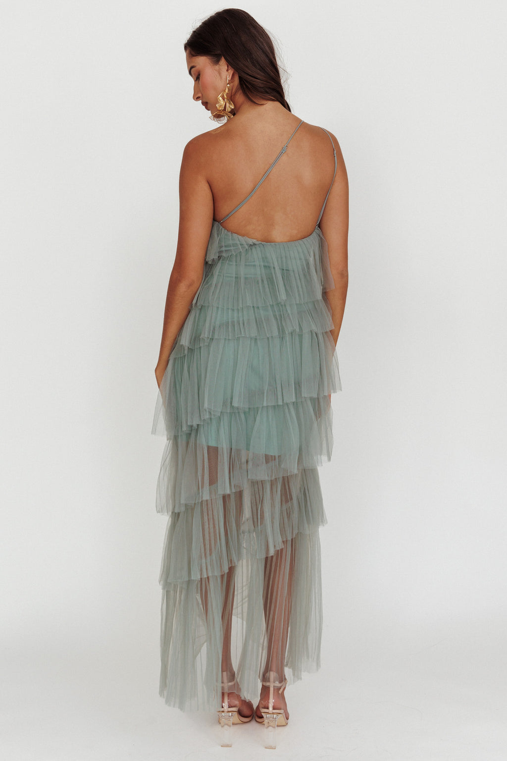 Arrabel Tiered Ruffle Tulle Maxi Dress Sage by Selfie Leslie