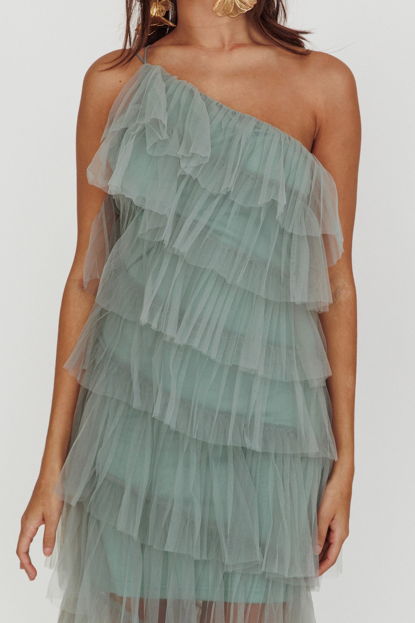 Arrabel Tiered Ruffle Tulle Maxi Dress Sage by Selfie Leslie