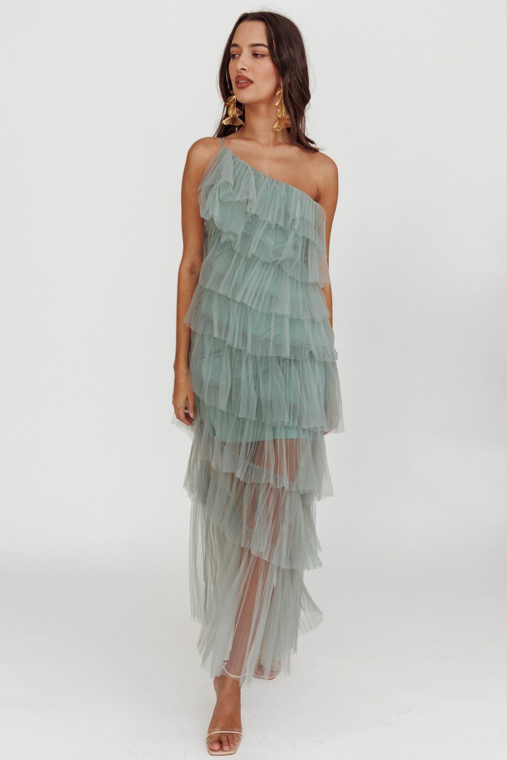 Arrabel Tiered Ruffle Tulle Maxi Dress Sage by Selfie Leslie