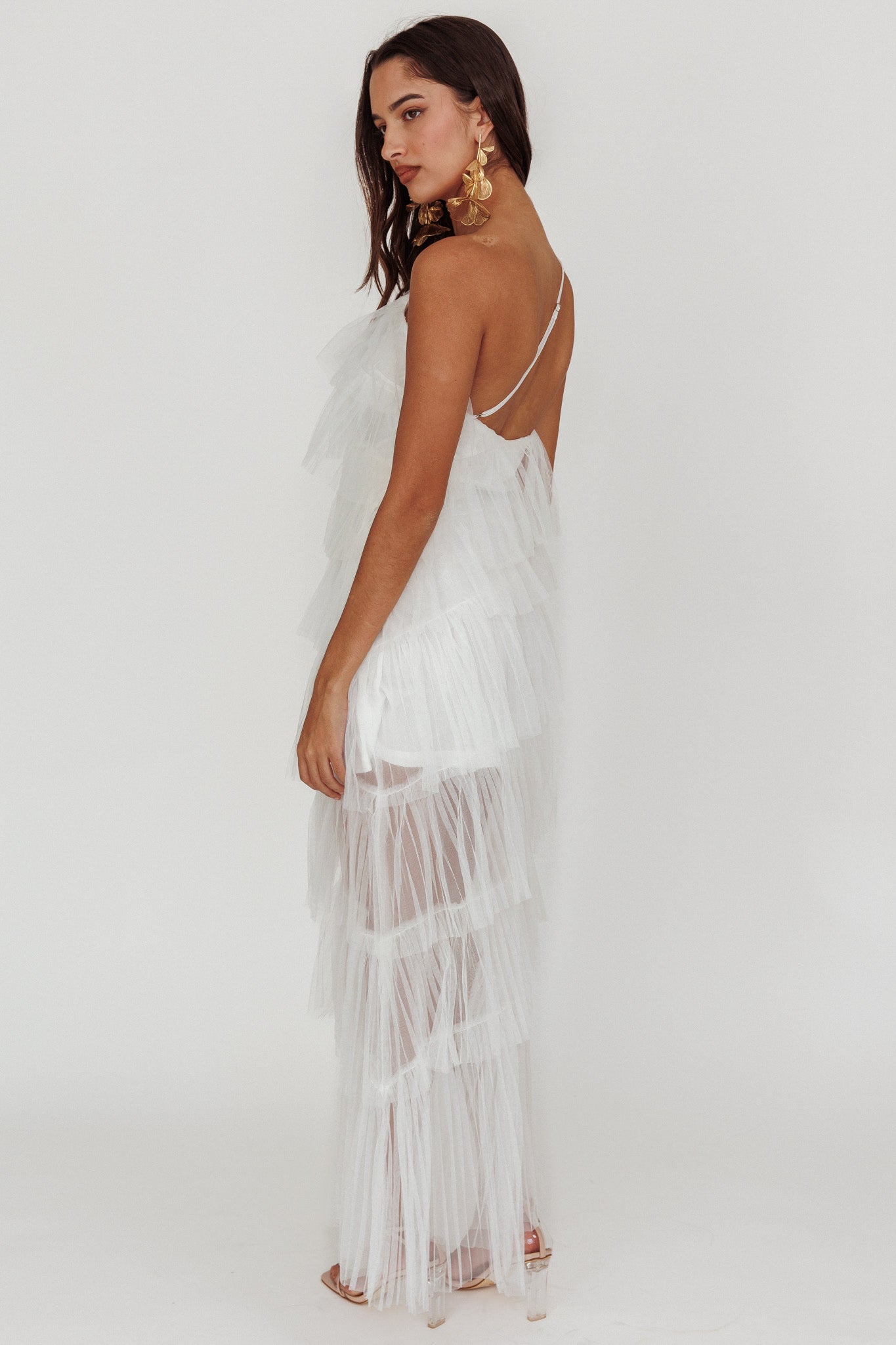 Shop the Arrabel Tiered Ruffle Tulle Maxi Dress White