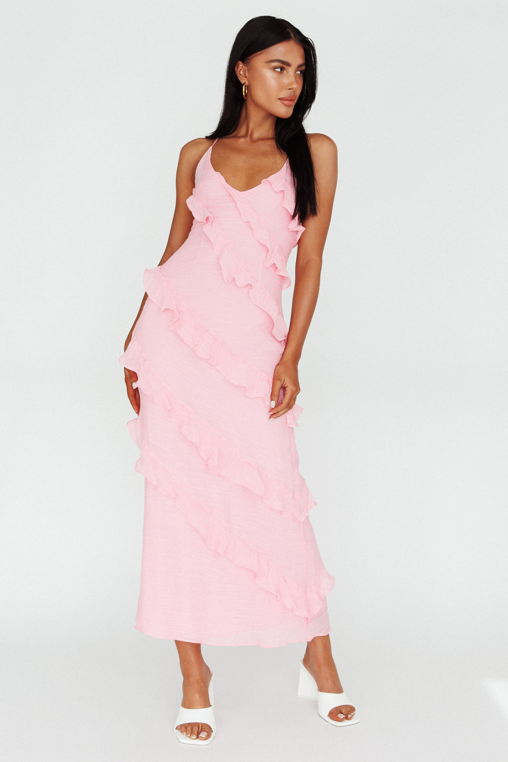 Arrabel Halterneck Ruffle Maxi Dress Pink by Selfie Leslie