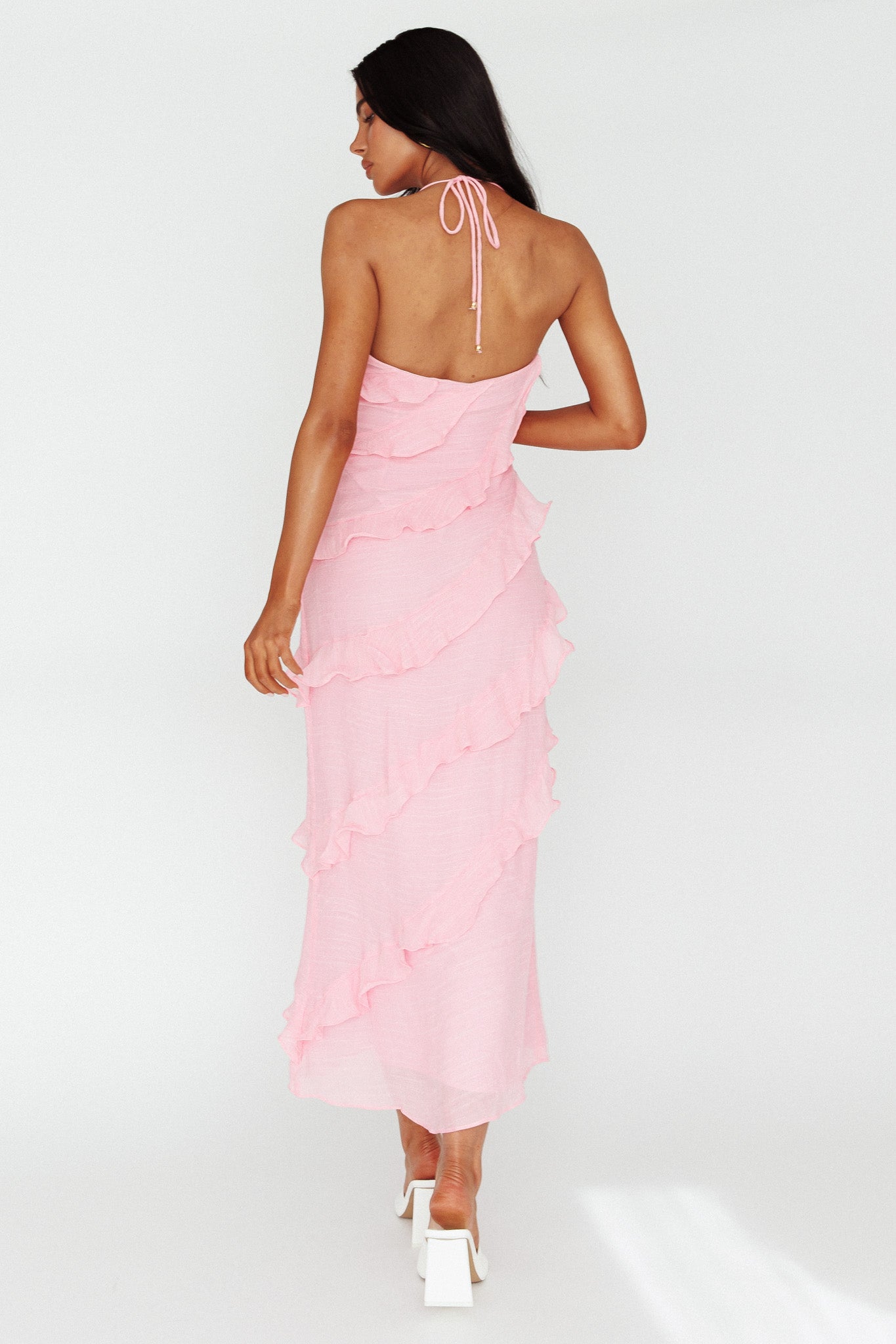 Arrabel Halterneck Ruffle Maxi Dress Pink by Selfie Leslie