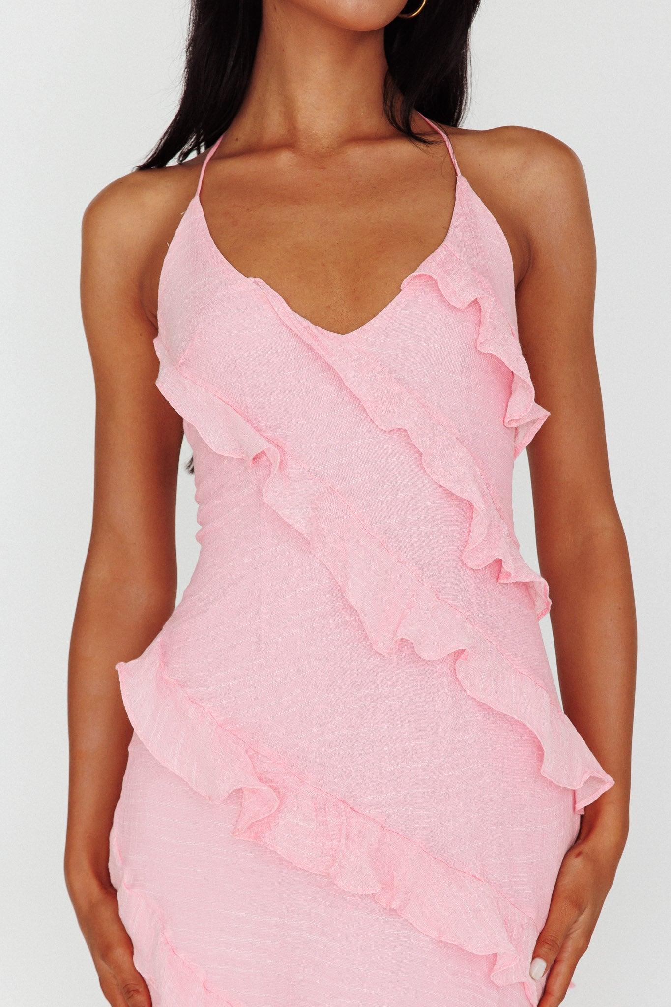 Arrabel Halterneck Ruffle Maxi Dress Pink by Selfie Leslie