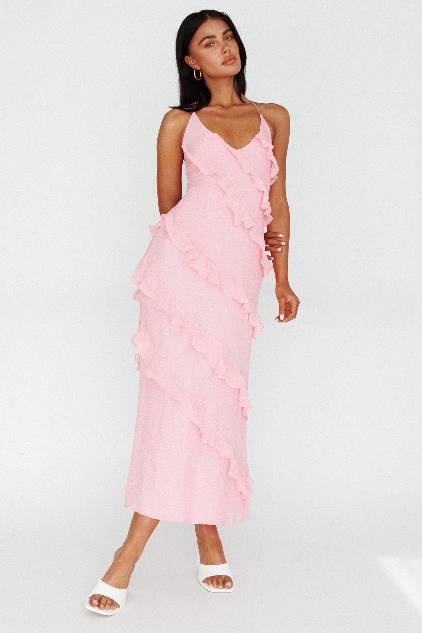 Arrabel Halterneck Ruffle Maxi Dress Pink by Selfie Leslie