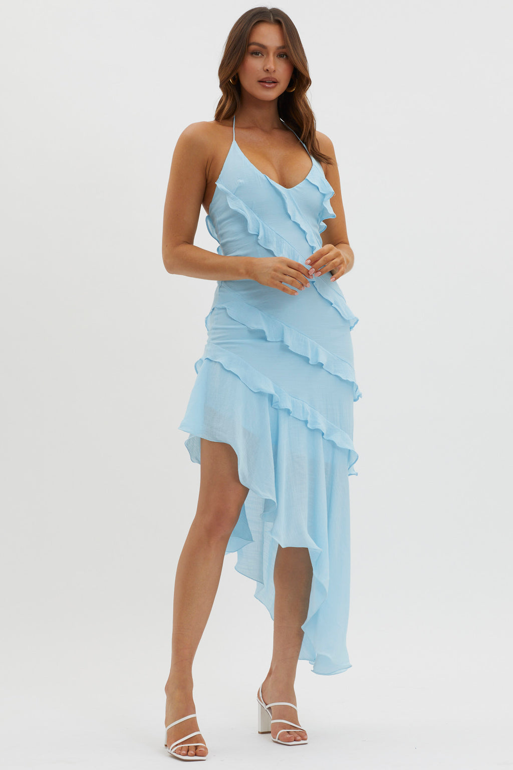 Arrabel Tiered Ruffle Asymmetric Midi Dress Blue by Selfie Leslie