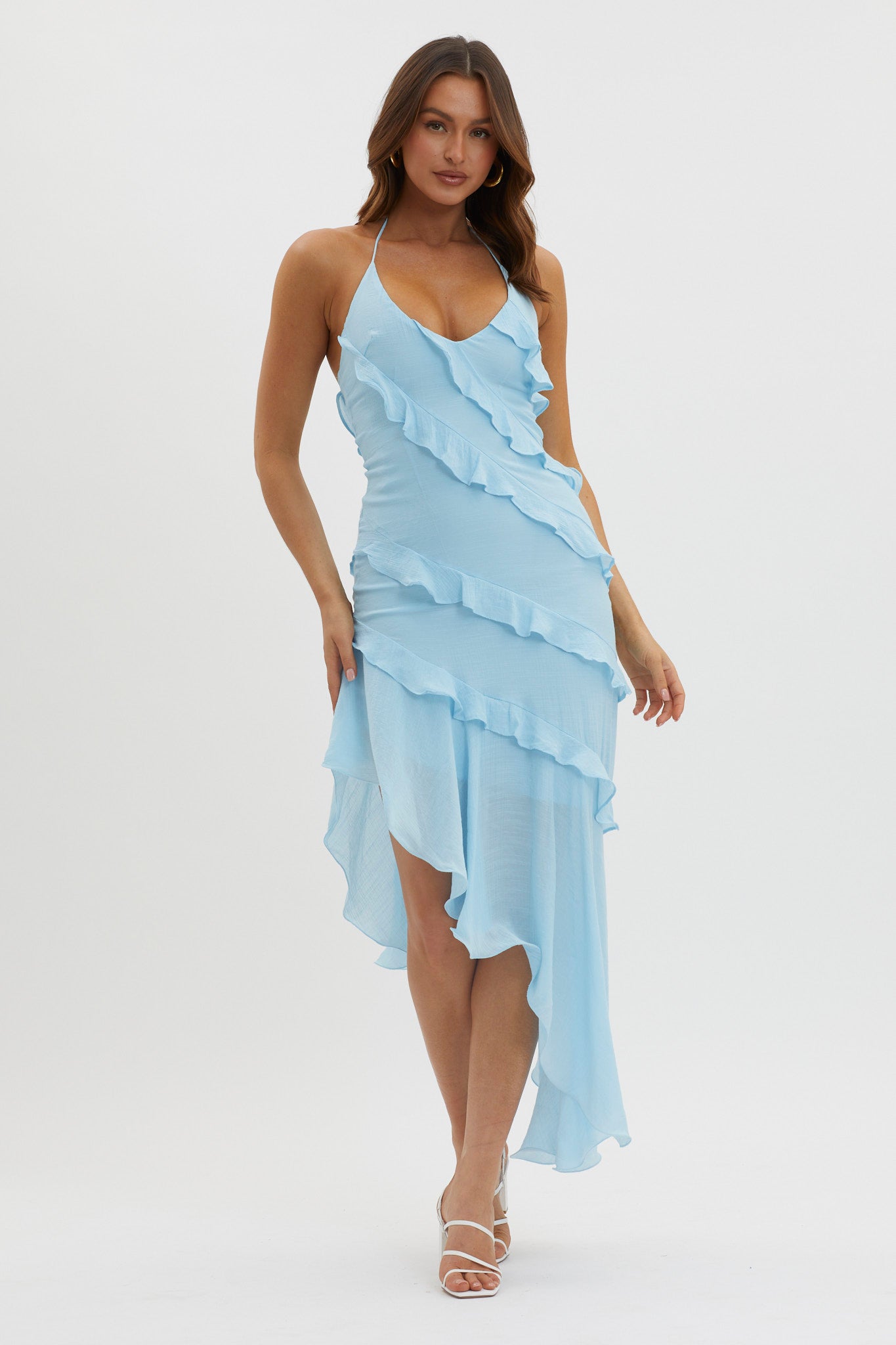 Arrabel Tiered Ruffle Asymmetric Midi Dress Blue | Selfie Leslie