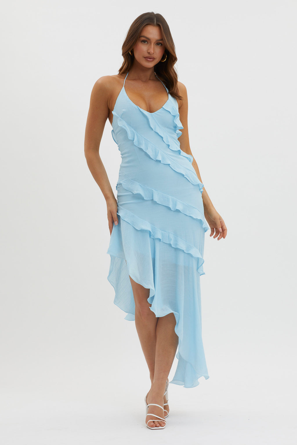 Arrabel Tiered Ruffle Asymmetric Midi Dress Blue by Selfie Leslie