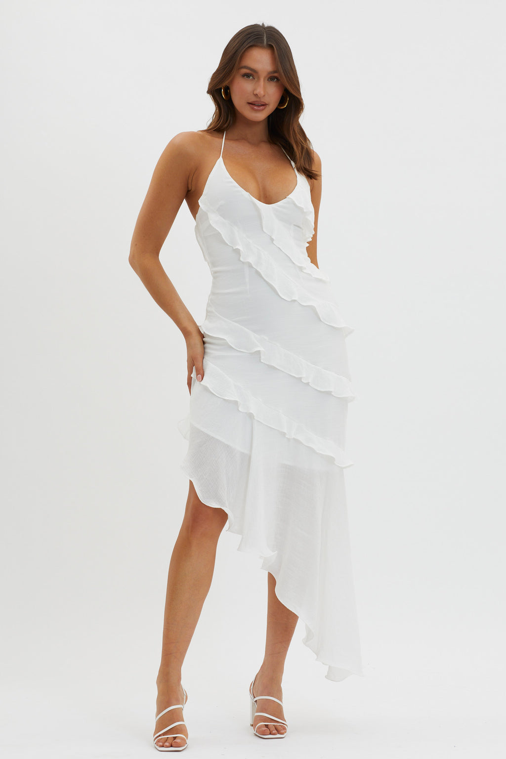 Arrabel Tiered Ruffle Asymmetric Midi Dress White by Selfie Leslie