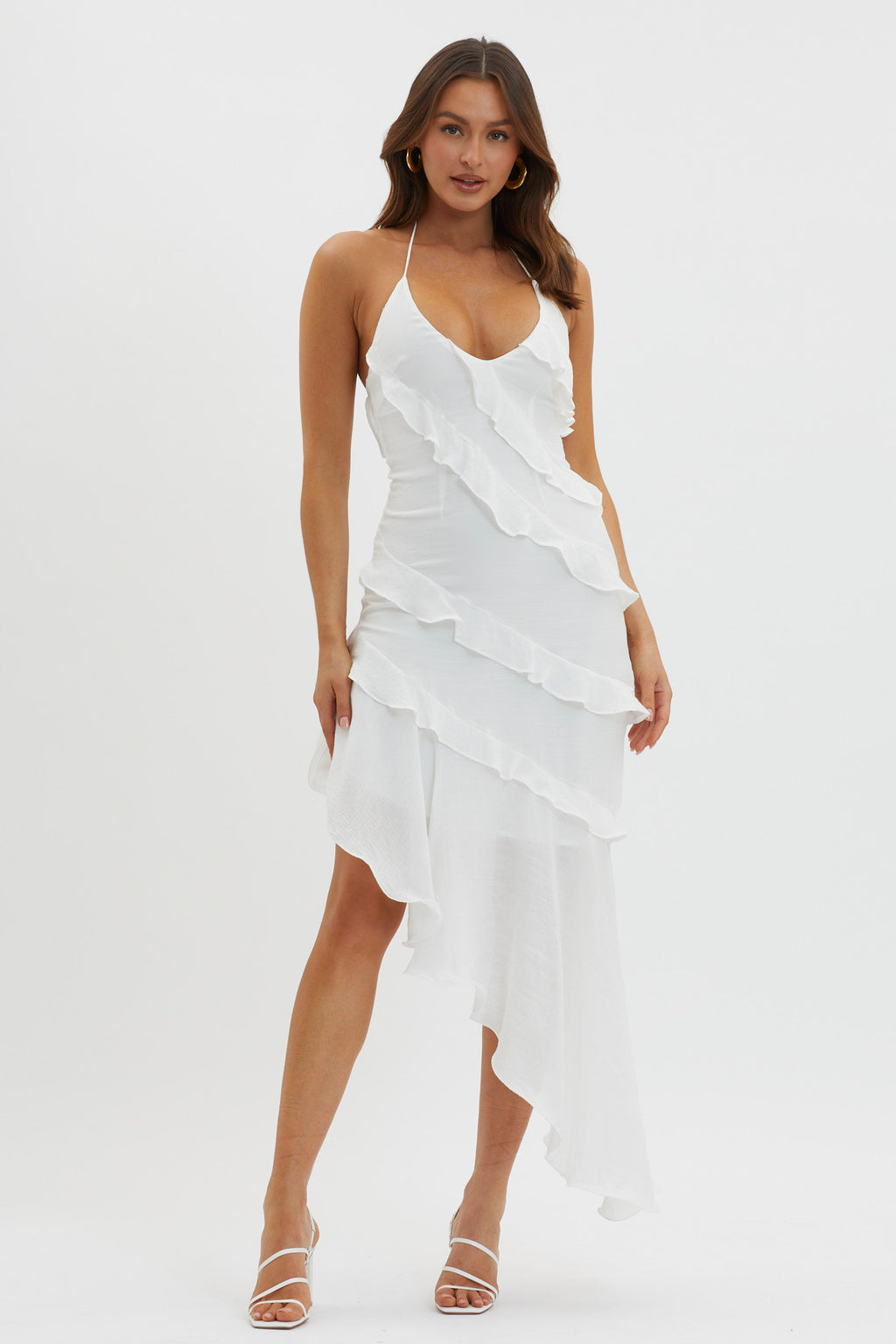 Arrabel Tiered Ruffle Asymmetric Midi Dress White by Selfie Leslie